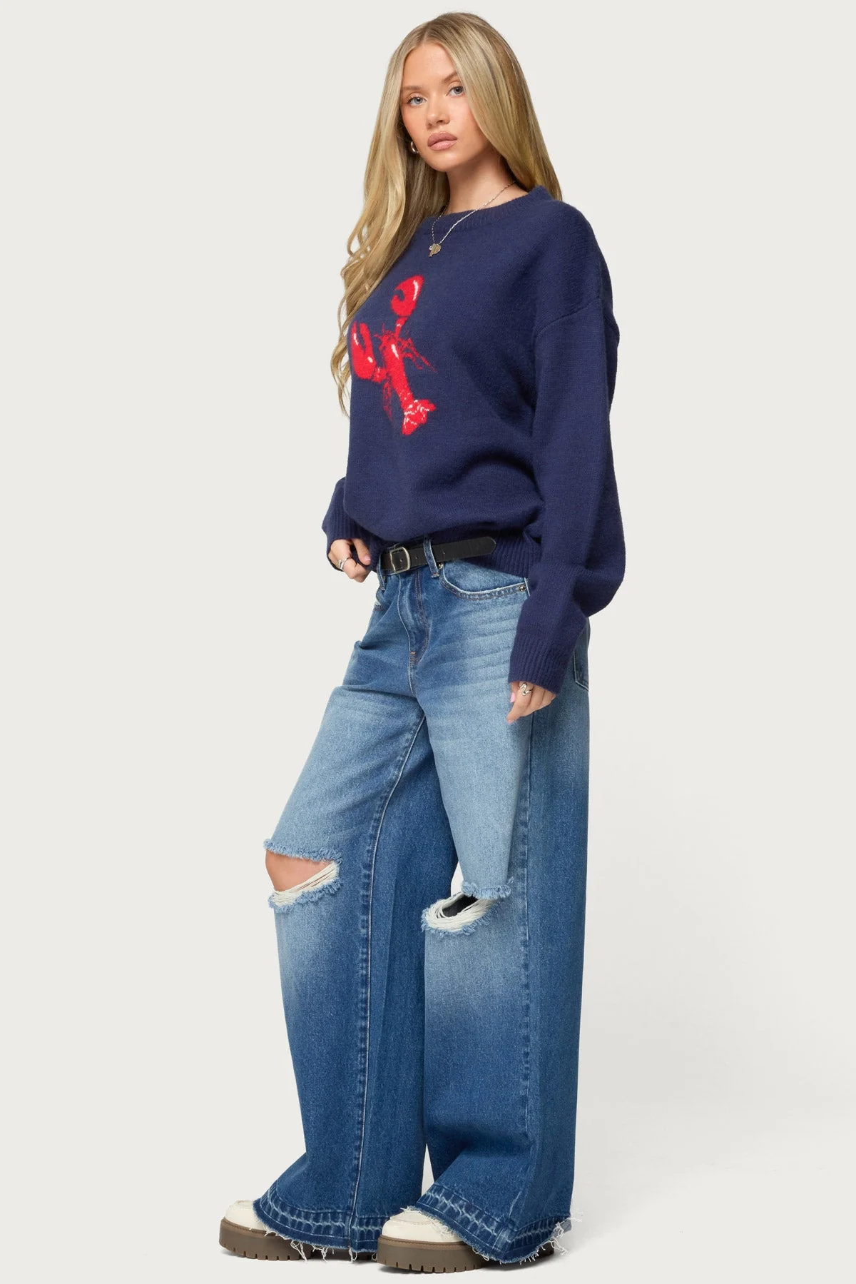 Navy Knit Lobster Graphic Sweater - Cozy Long Sleeve Outerwear