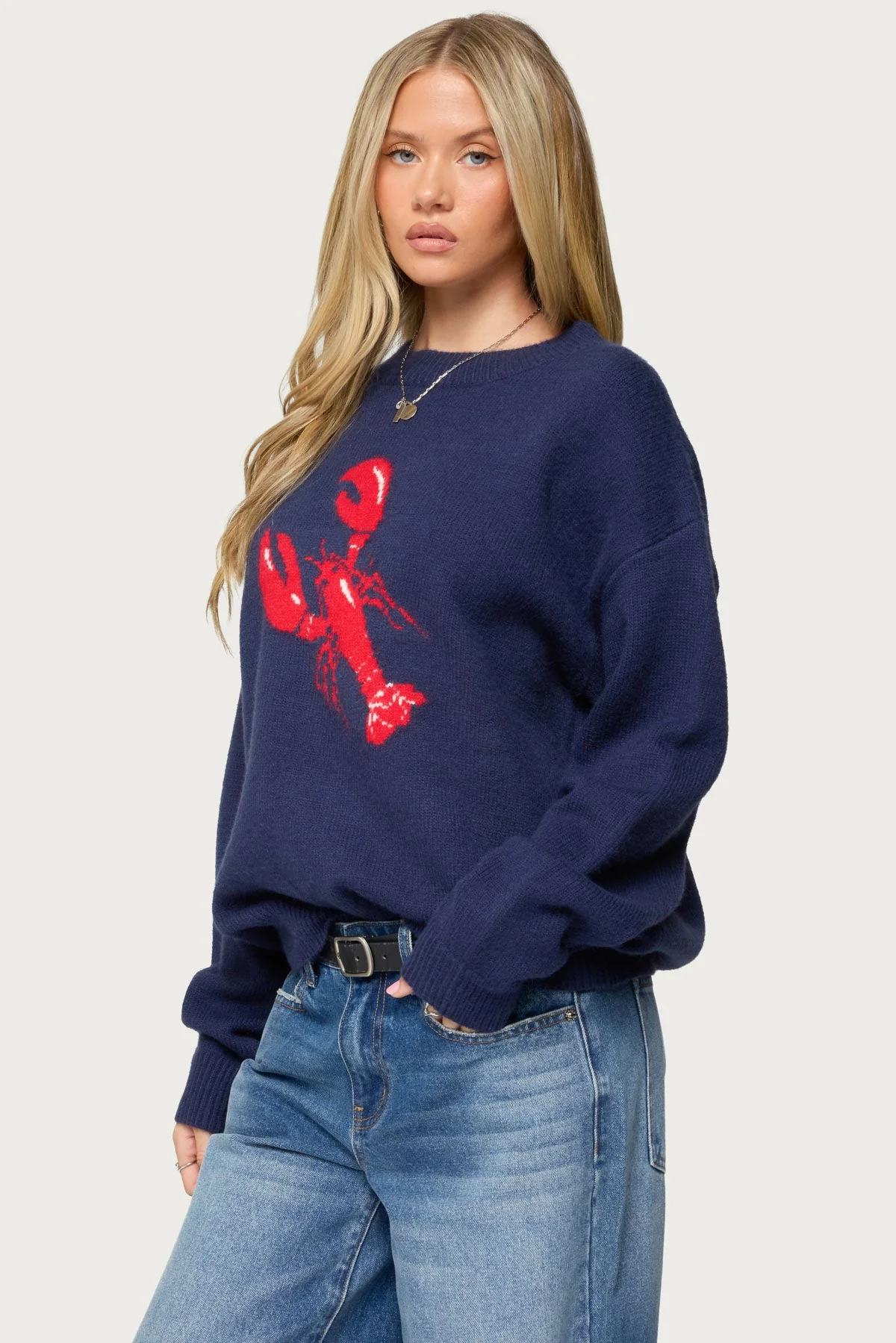 Navy Knit Lobster Graphic Sweater - Cozy Long Sleeve Outerwear