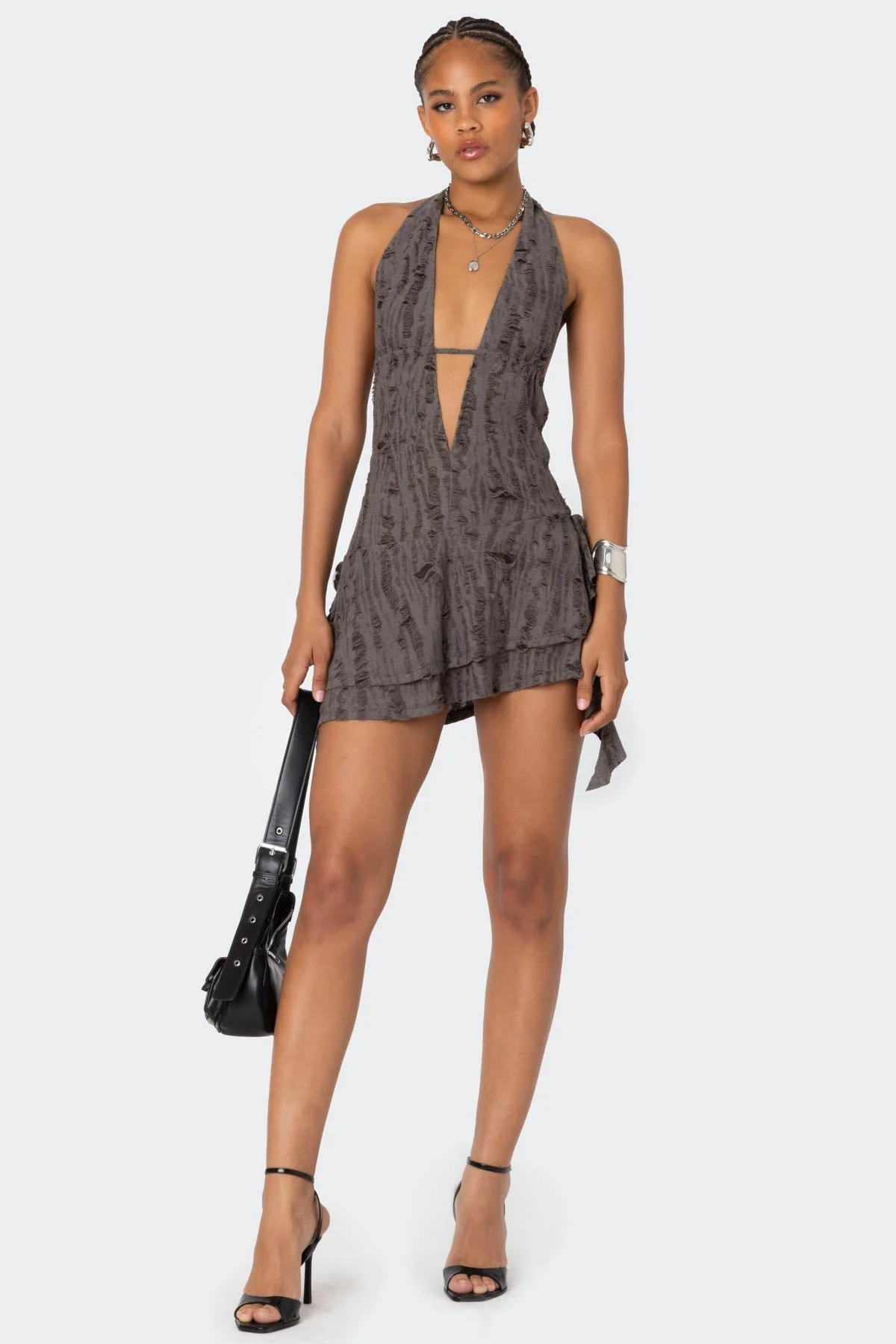 Brown Halter Neck Ruffled Mini Dress