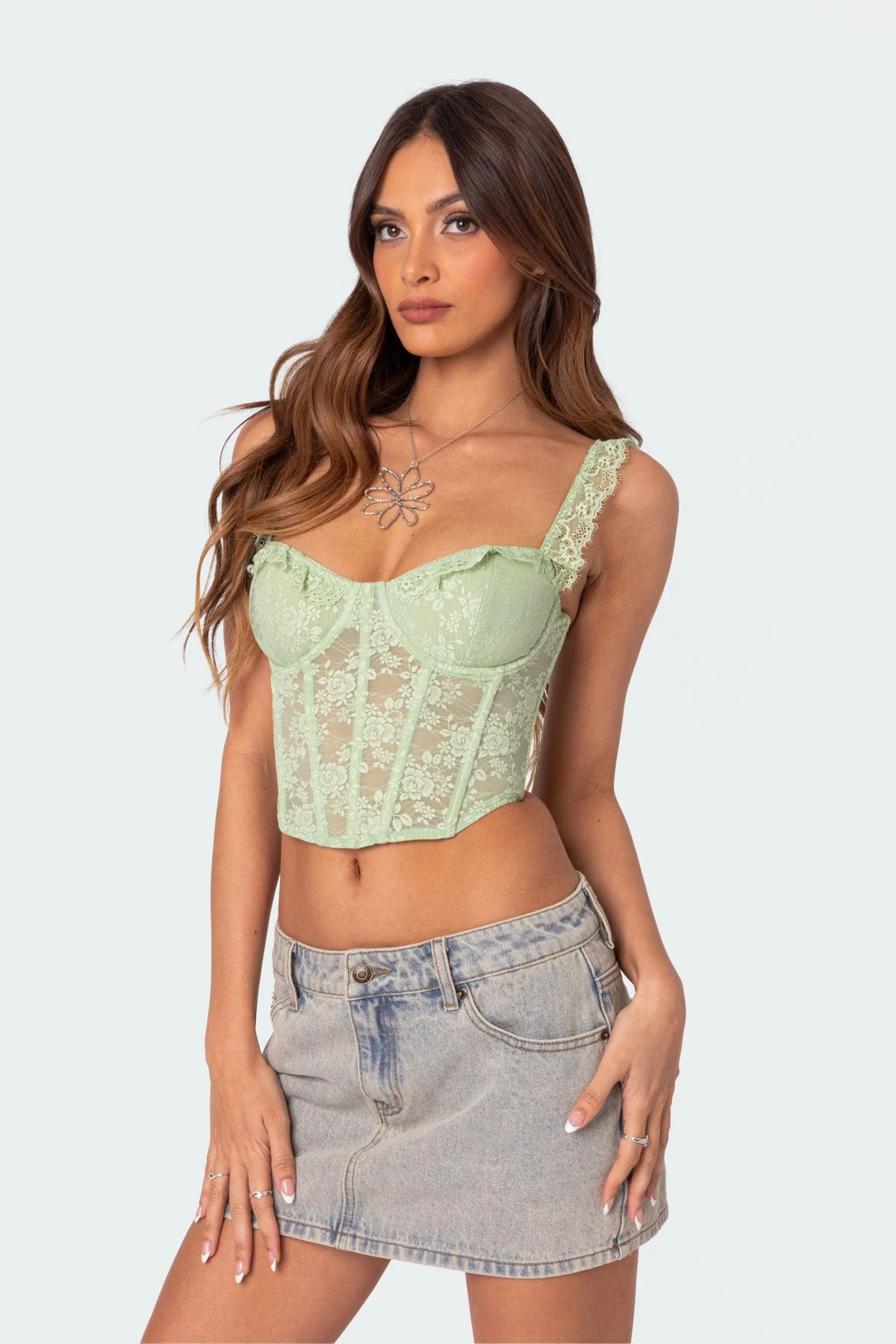 Sheer Lace Corset Top for Women in Sage Green - Amaya Collection