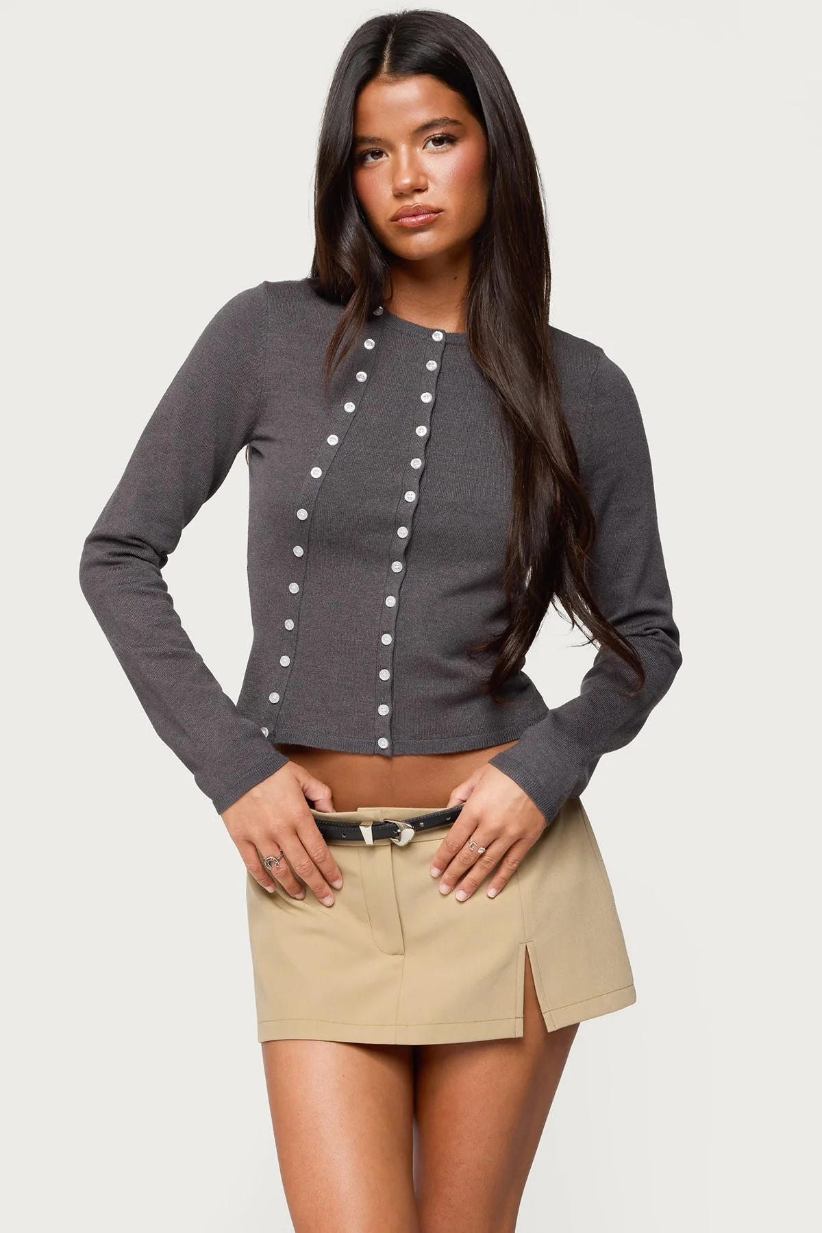 Soft Knit Dark Gray Cardigan - Button-Up, Long Sleeve