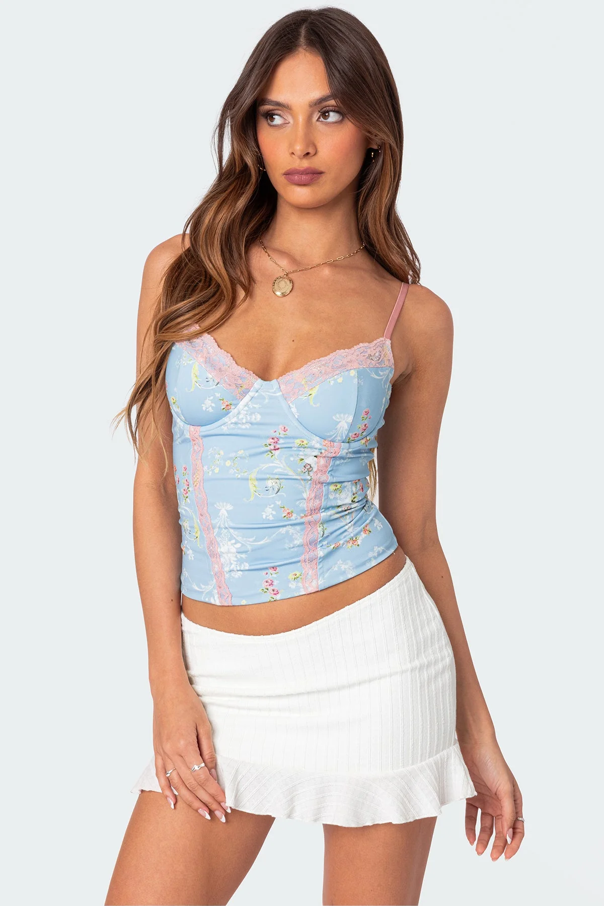 Floral Print Lace-Up Corset with Cupped Construction