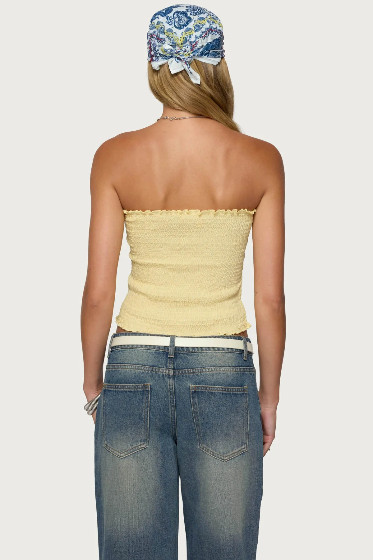 Yellow Smocked Strapless Tube Top Womens Ruffle Trim