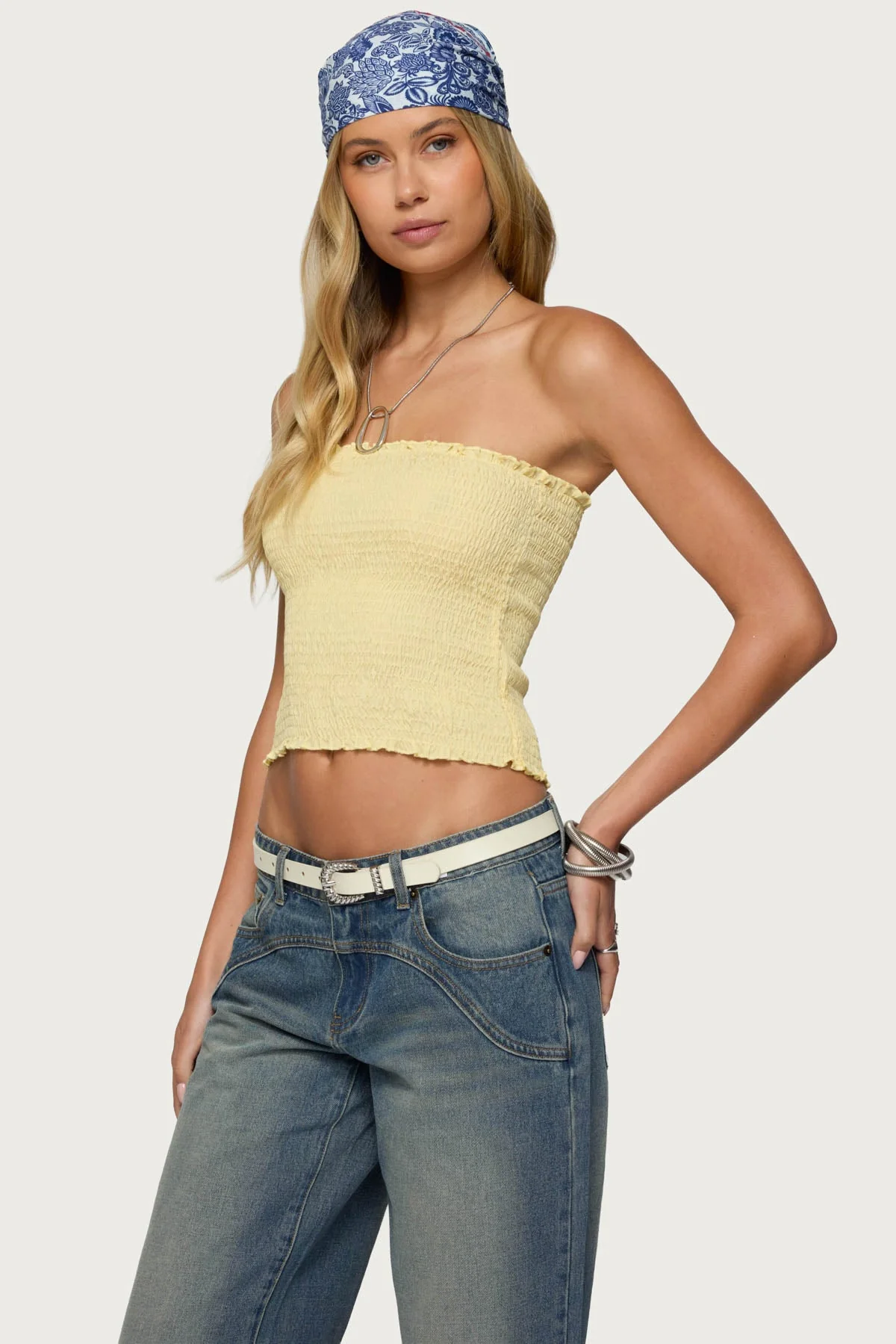Yellow Smocked Strapless Tube Top Womens Ruffle Trim