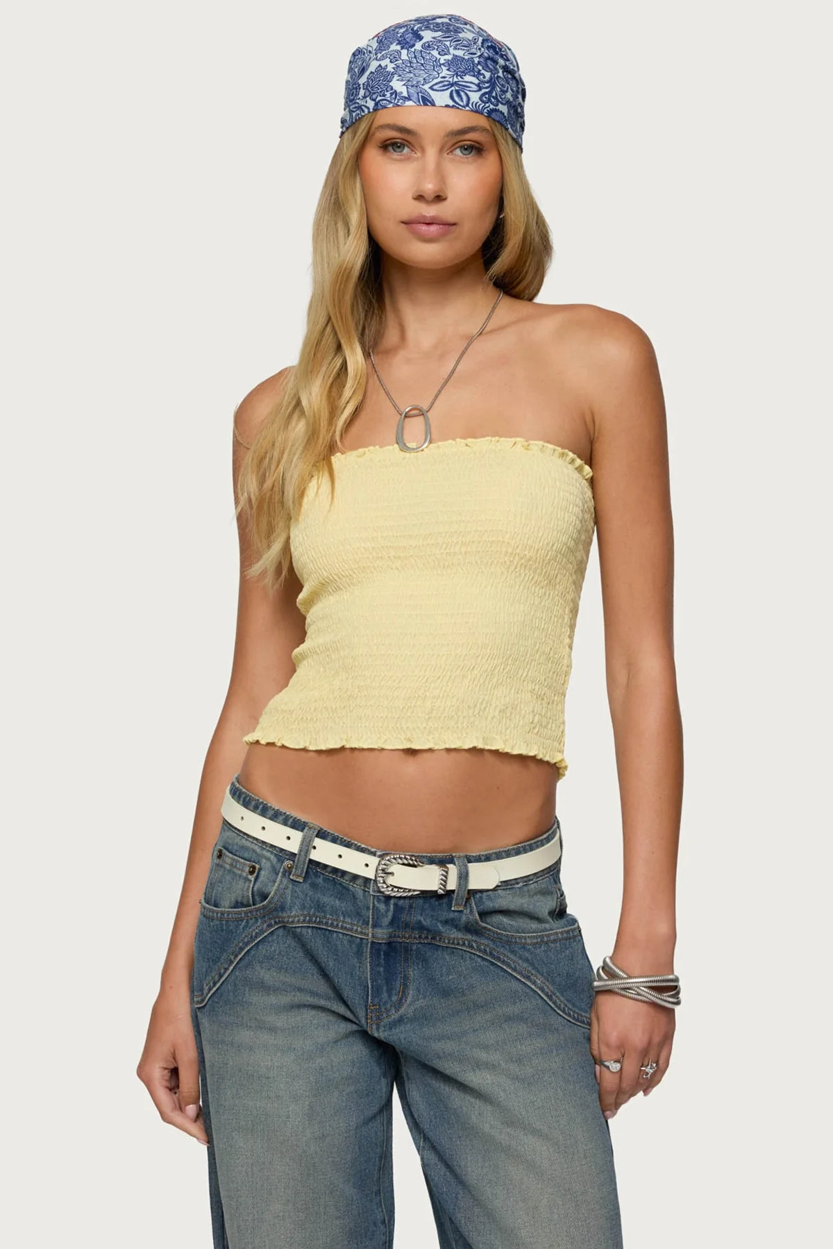Yellow Smocked Strapless Tube Top Womens Ruffle Trim