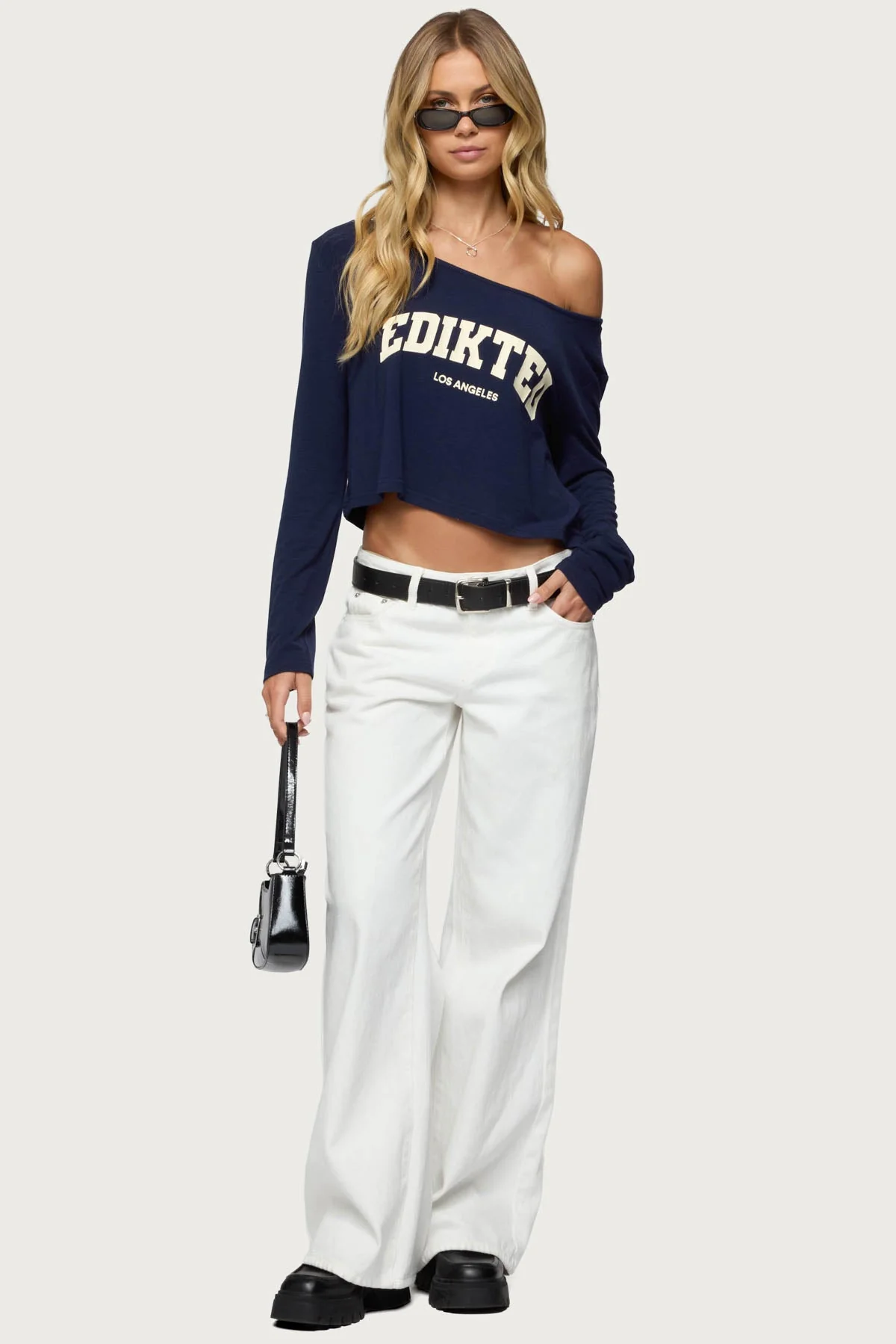 Navy and Cream Off Shoulder Top - Stylish Graphic Print