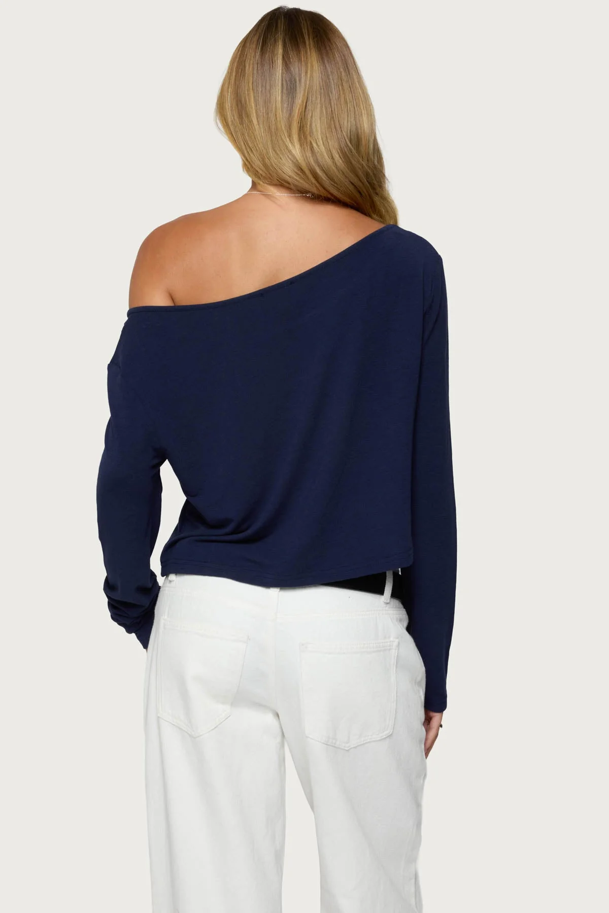 Navy and Cream Off Shoulder Top - Stylish Graphic Print