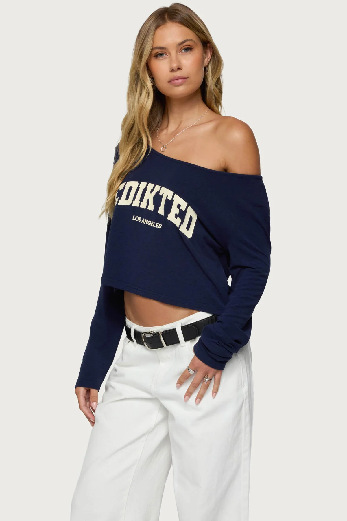 Navy and Cream Off Shoulder Top - Stylish Graphic Print