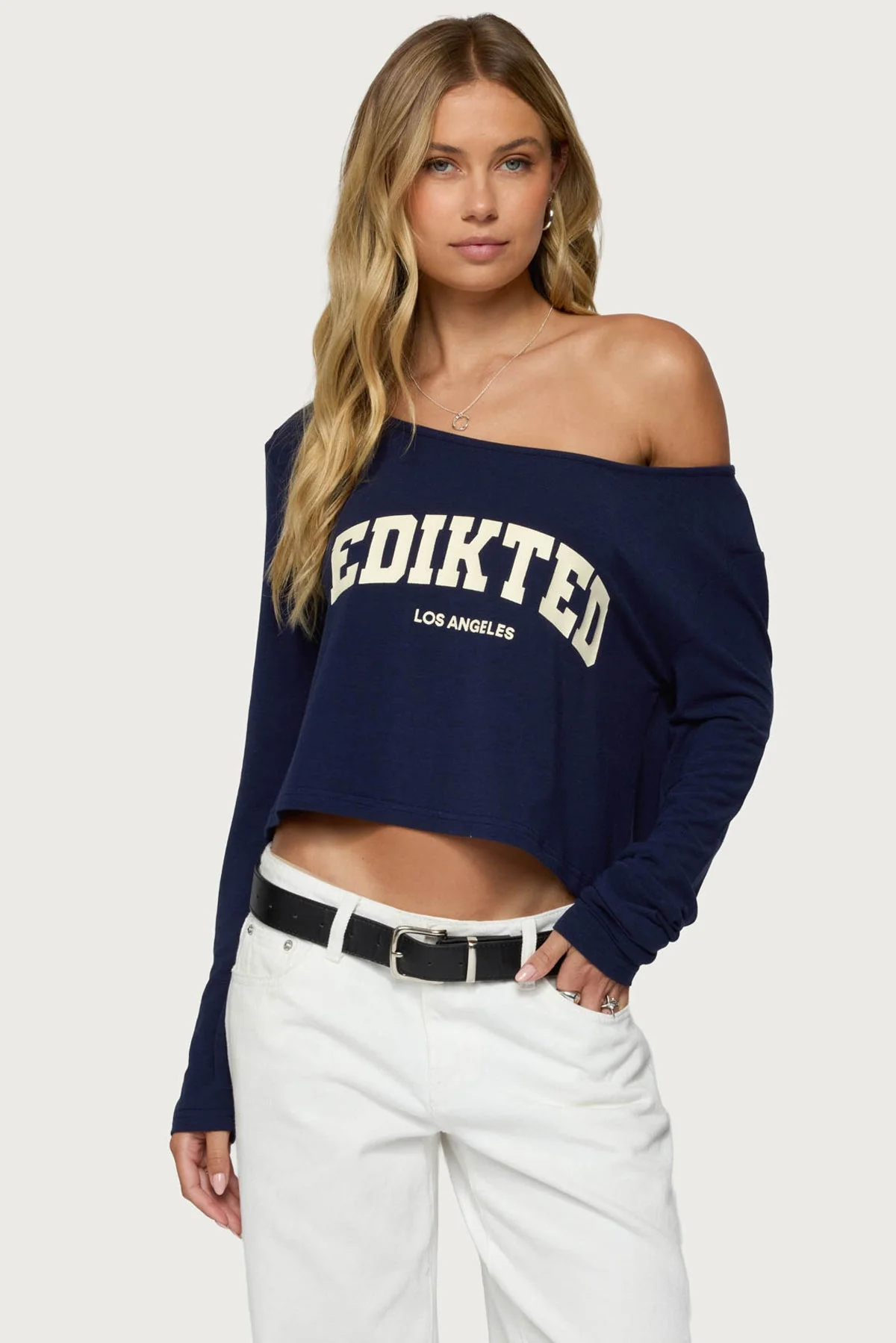 Navy and Cream Off Shoulder Top - Stylish Graphic Print