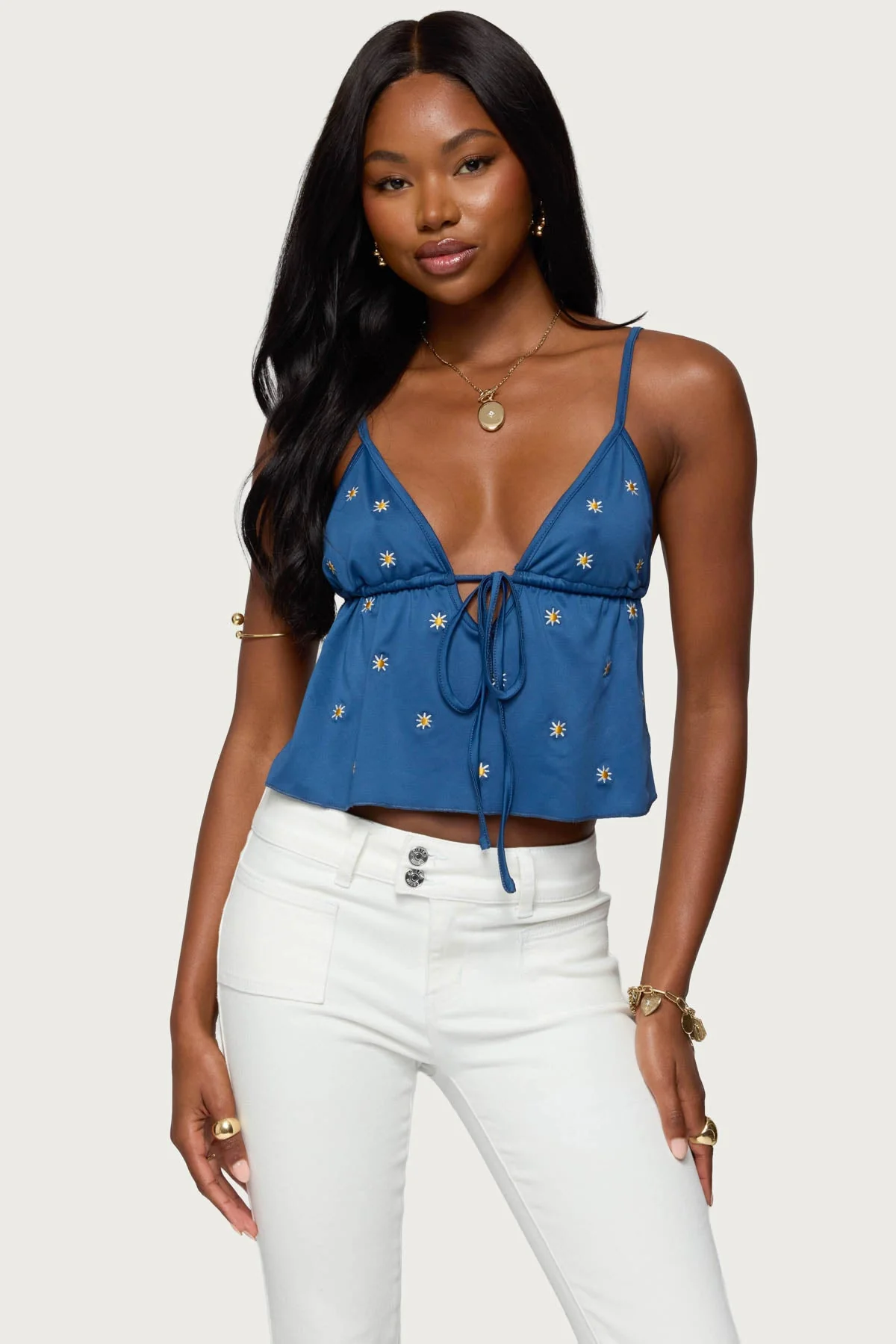 Blue Embroidered Open Back Top - Adjustable Straps, Babydoll Design