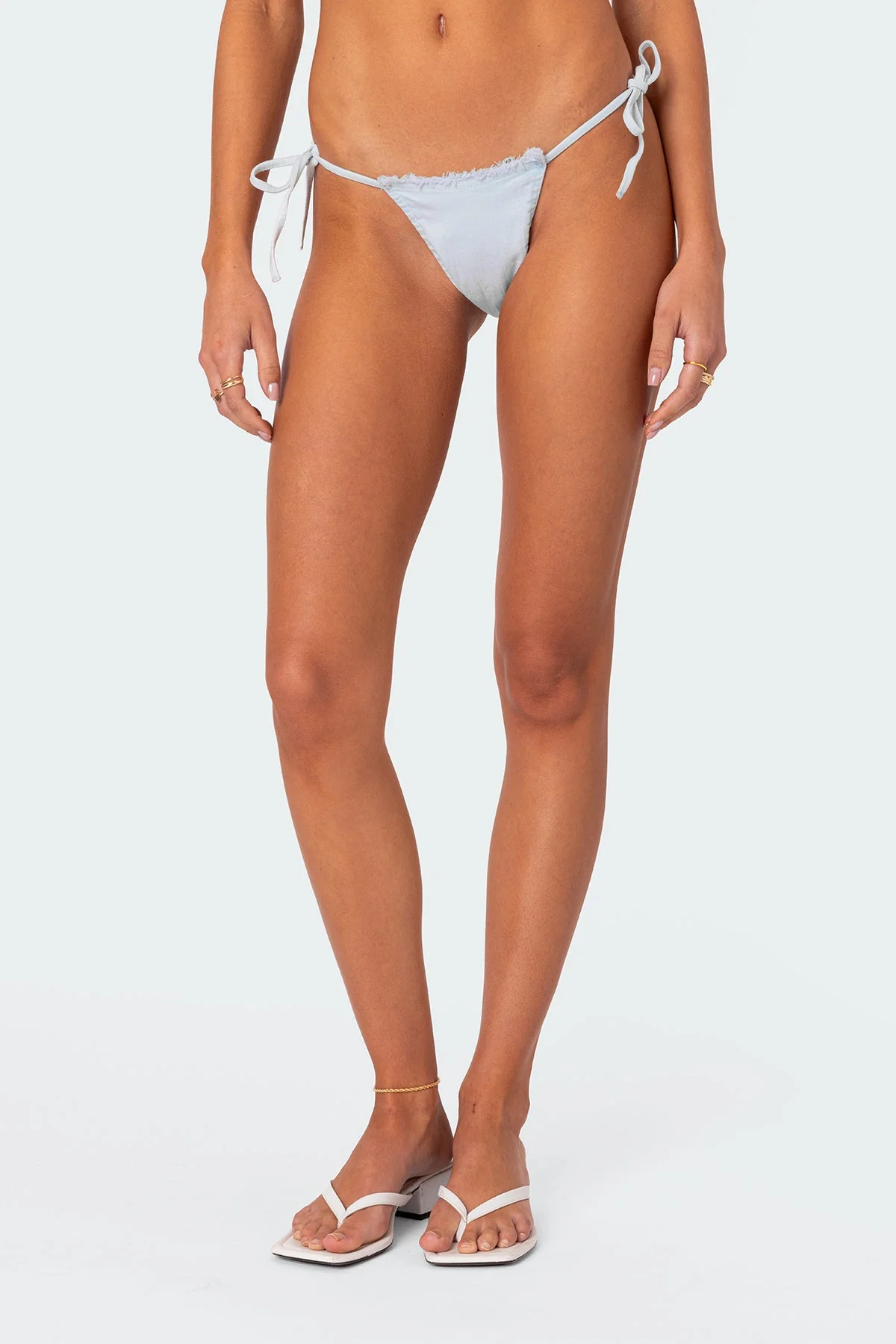 Distressed Denim String Bikini Bottom - Adjustable Swimwear Bottom