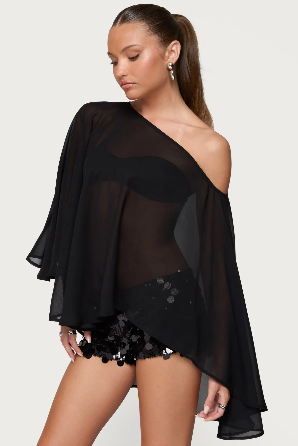 Black Sheer Chiffon Asymmetric Poncho Top