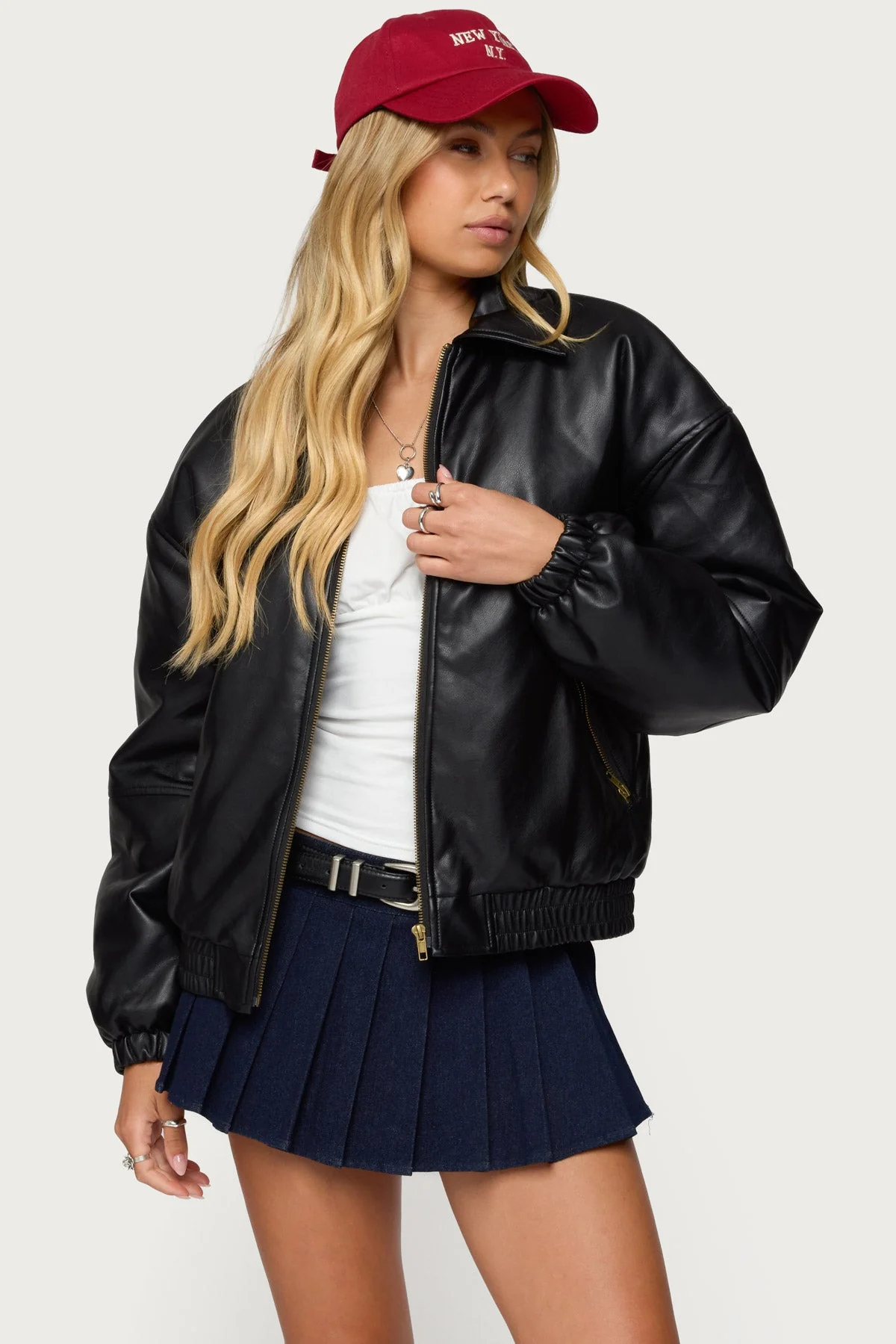 Classic Faux Leather Bomber Jacket in Black XS-XL