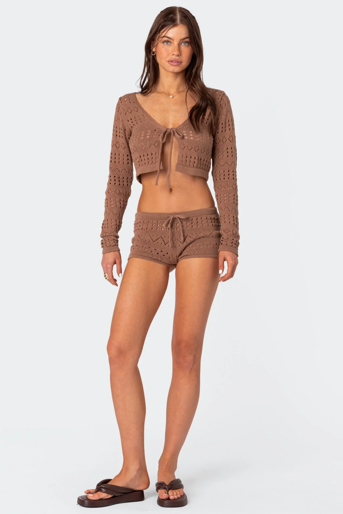 Brown Knitted Tie-Front Shorts