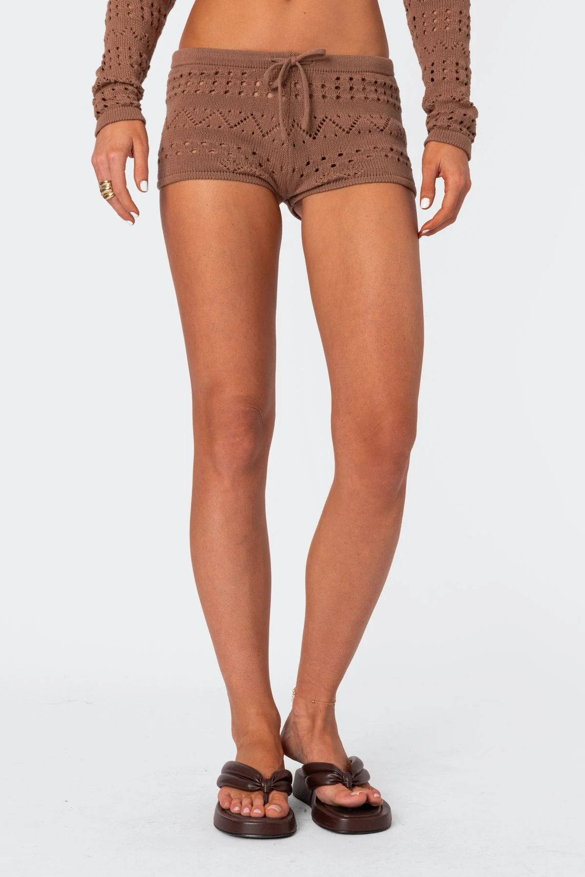 Brown Knitted Tie-Front Shorts