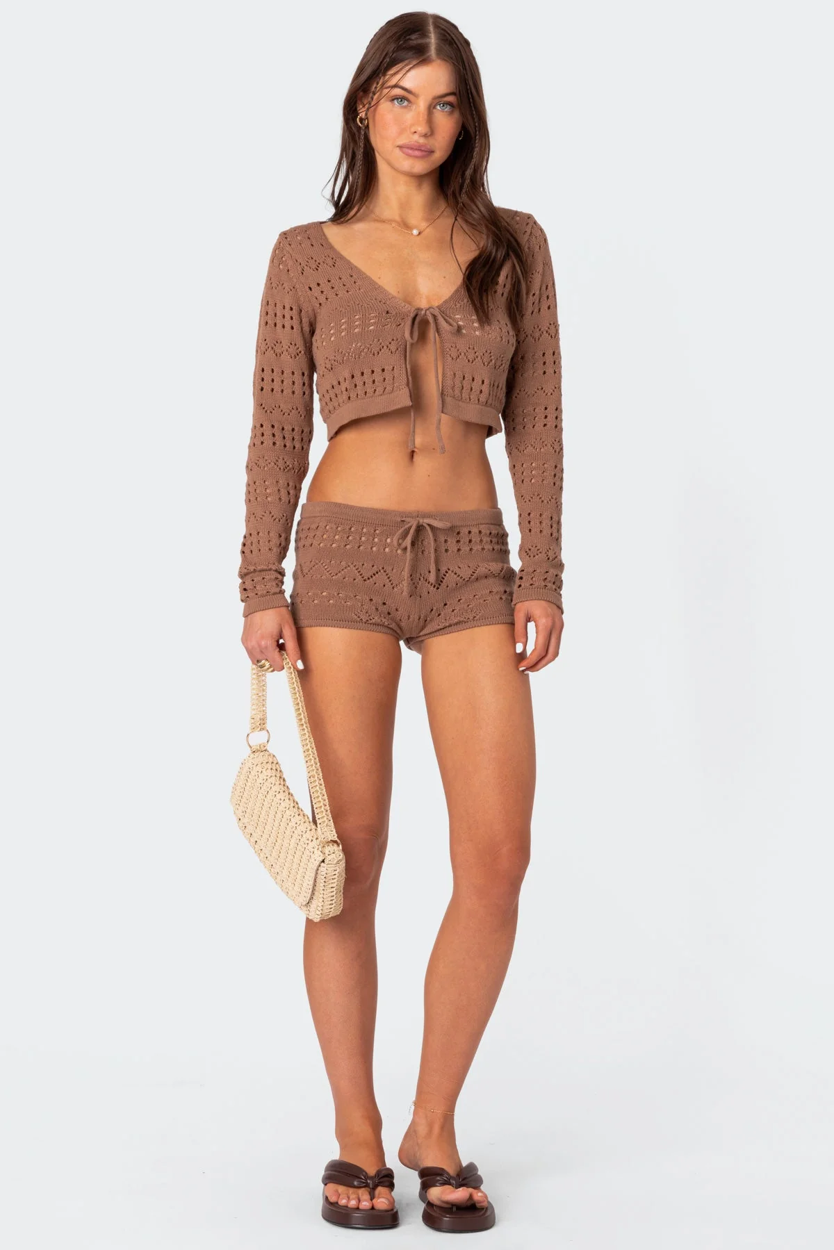 Brown Knitted Tie-Front Shorts
