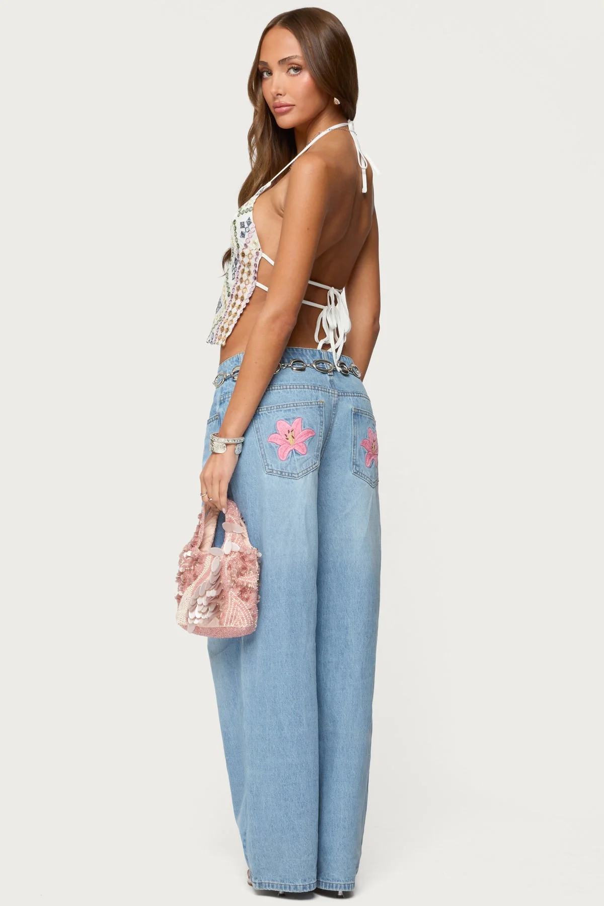 Blue Embroidered Floral Denim Jeans