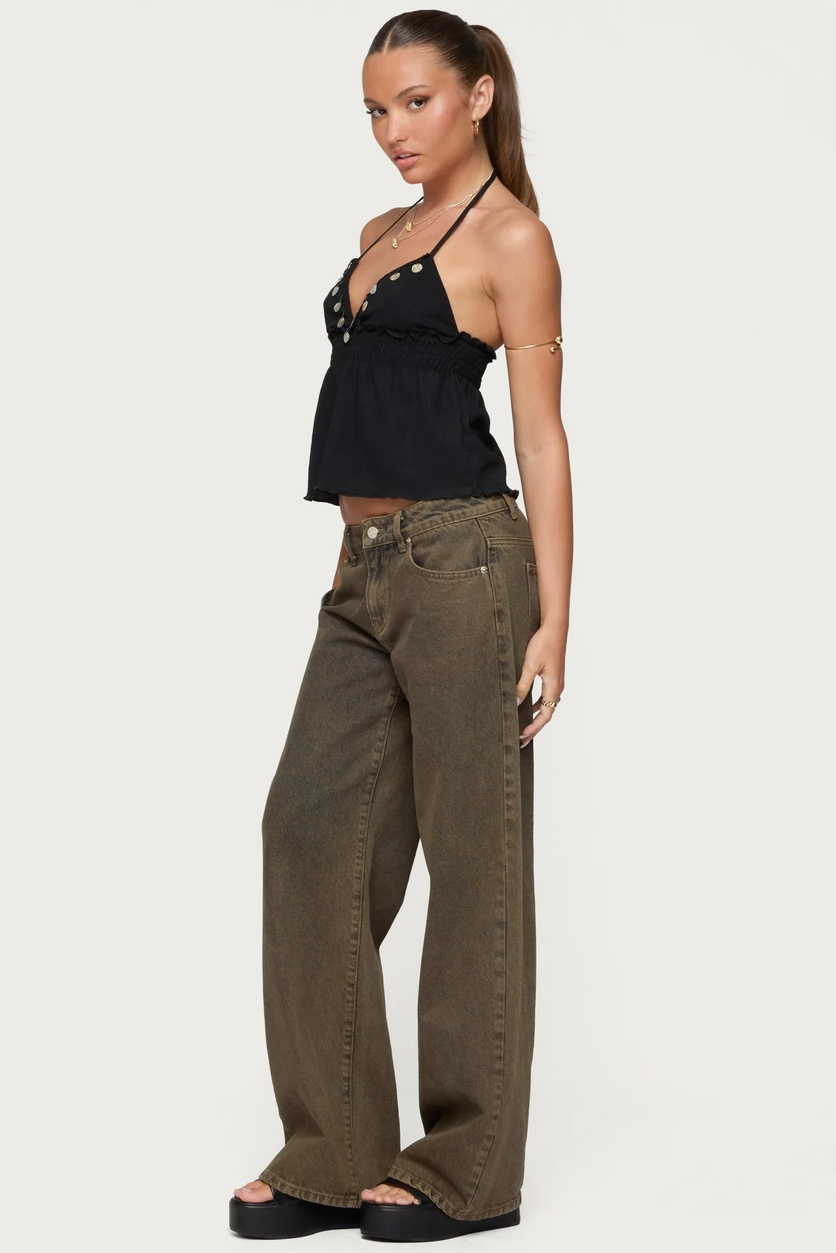 Iridescent Babydoll Halter Top in Textured Black Fabric