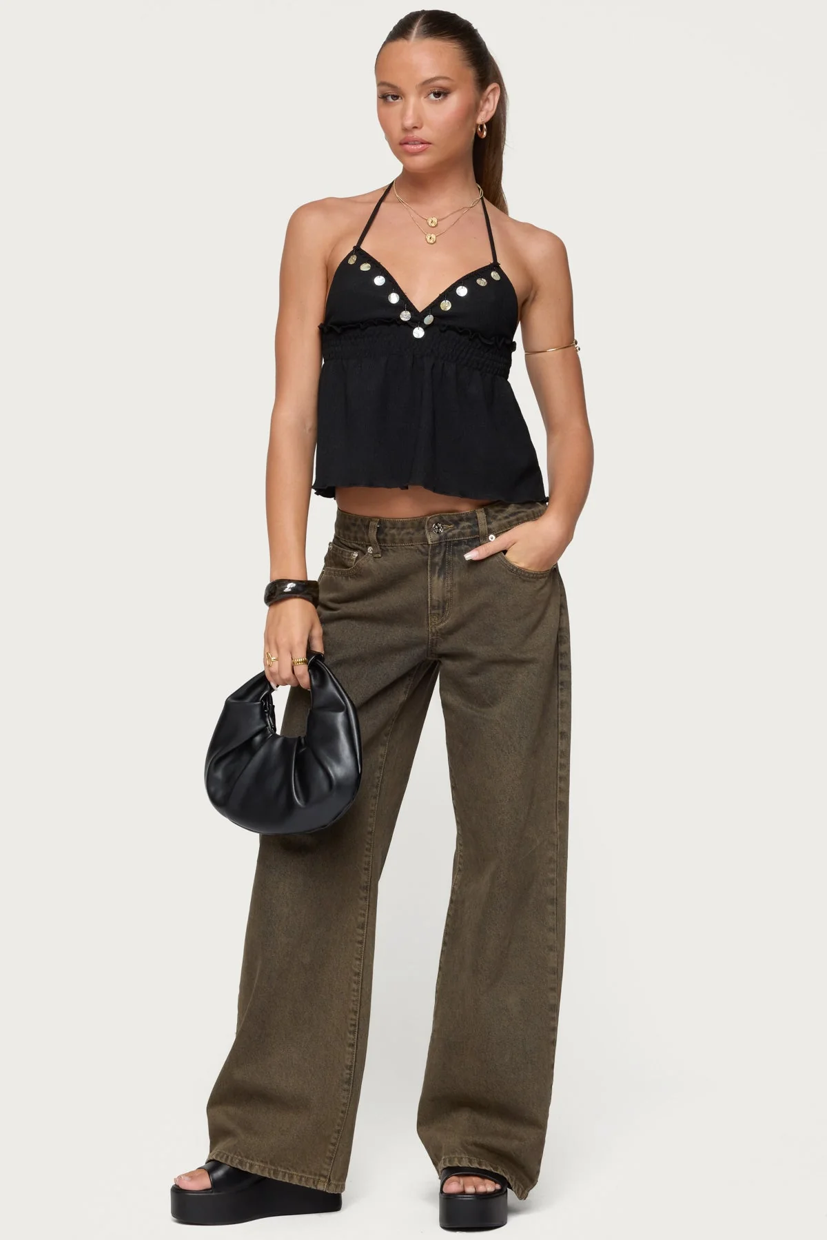 Iridescent Babydoll Halter Top in Textured Black Fabric