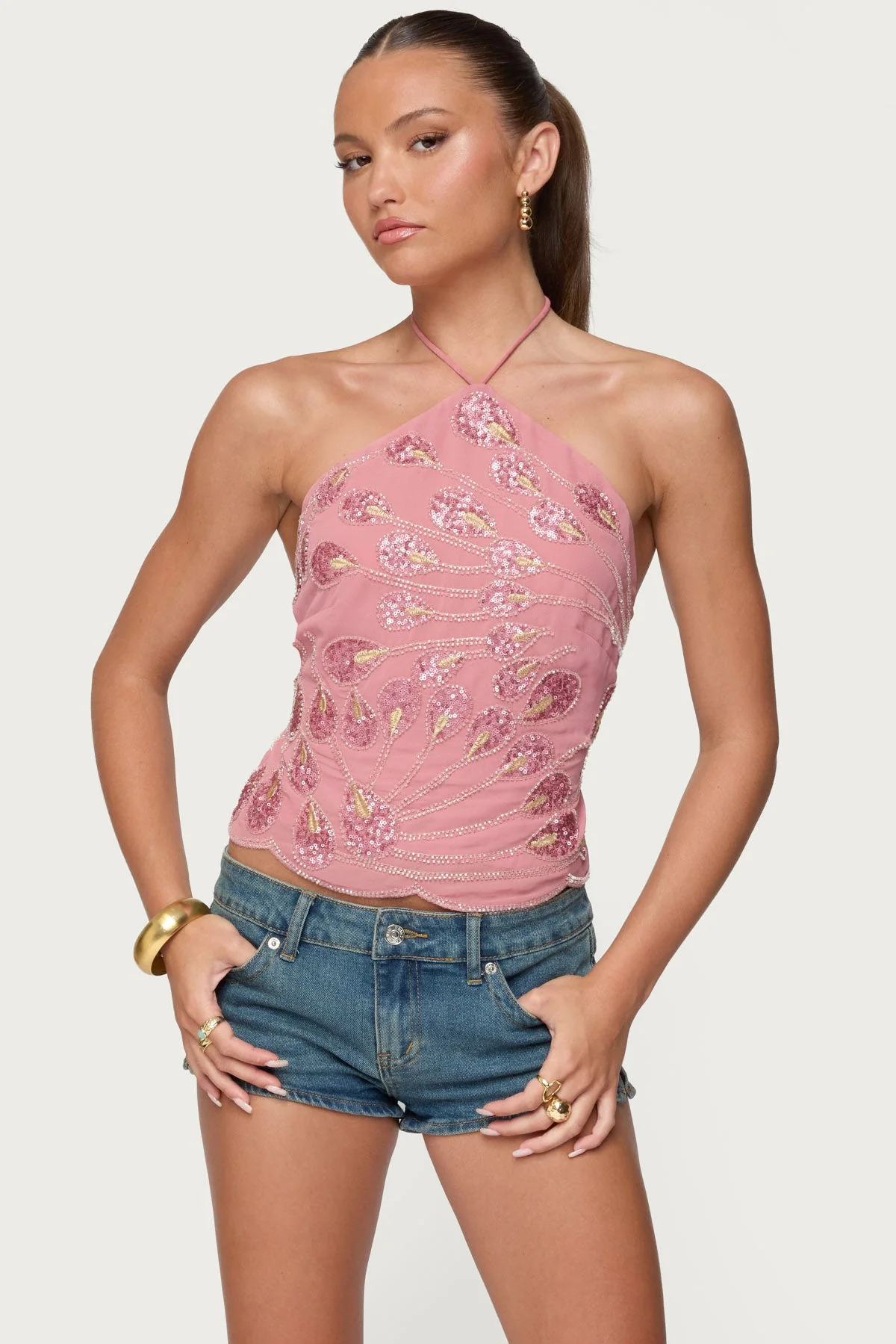 Pink Embroidered Halter Chiffon Top