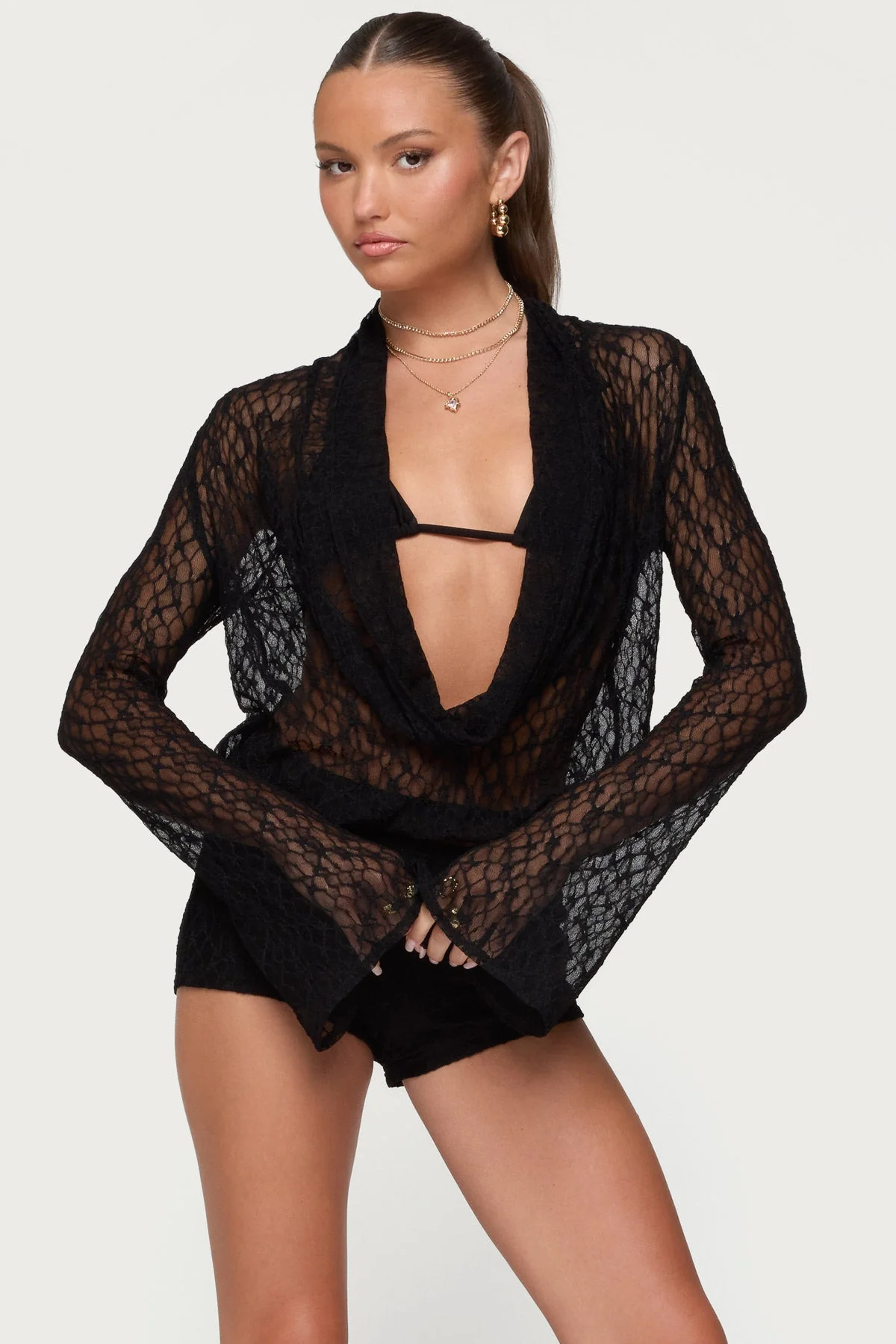 Lacey Sheer Mesh Bell Sleeve Black Top Set