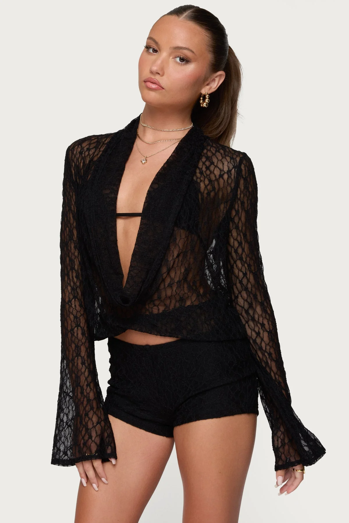 Lacey Sheer Mesh Bell Sleeve Black Top Set