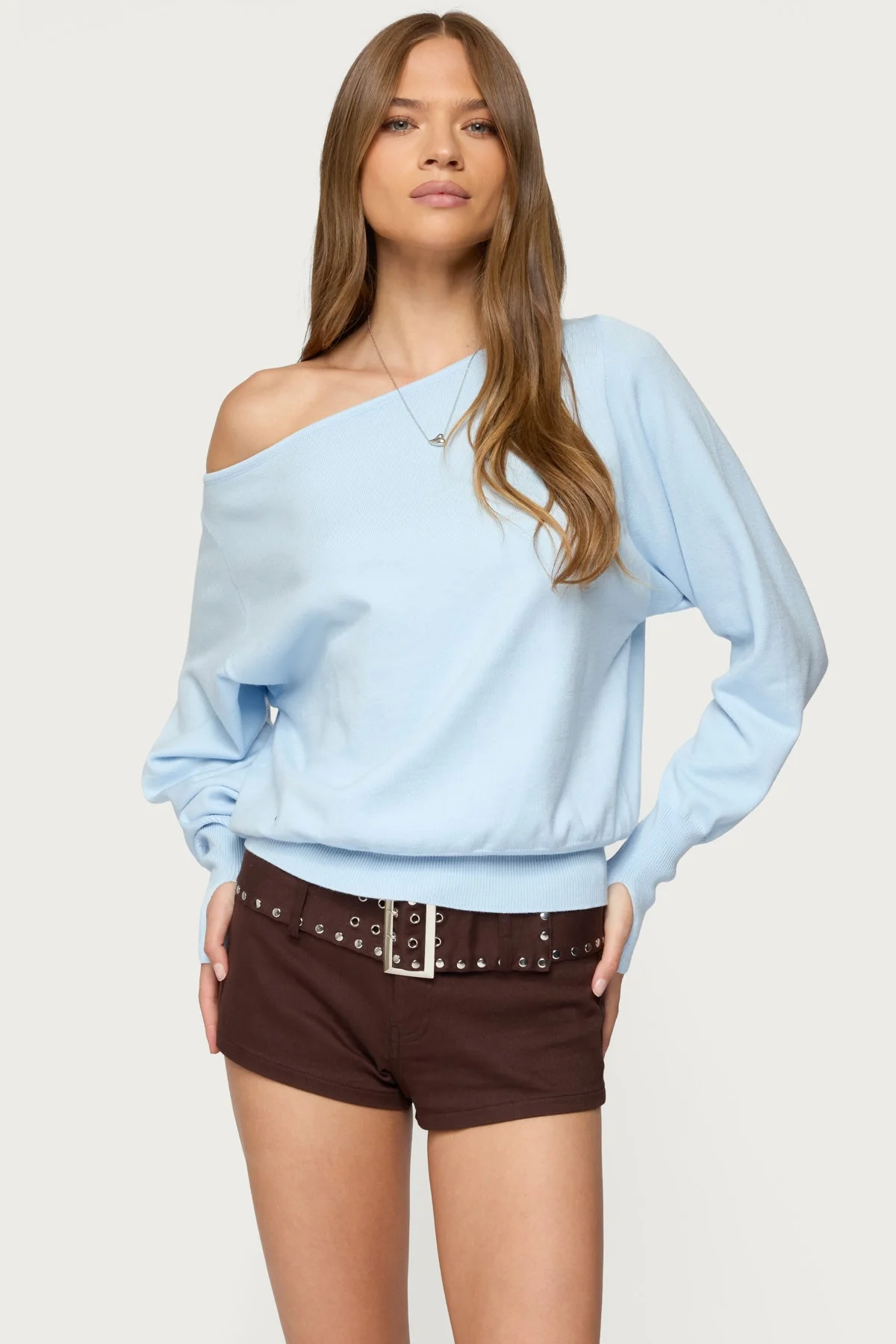 Light Blue Knitted Off Shoulder Sweater