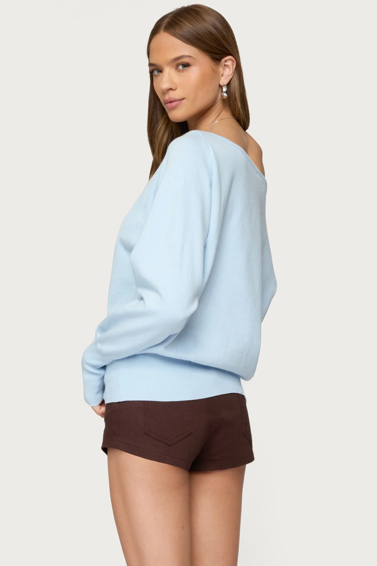 Light Blue Knitted Off Shoulder Sweater