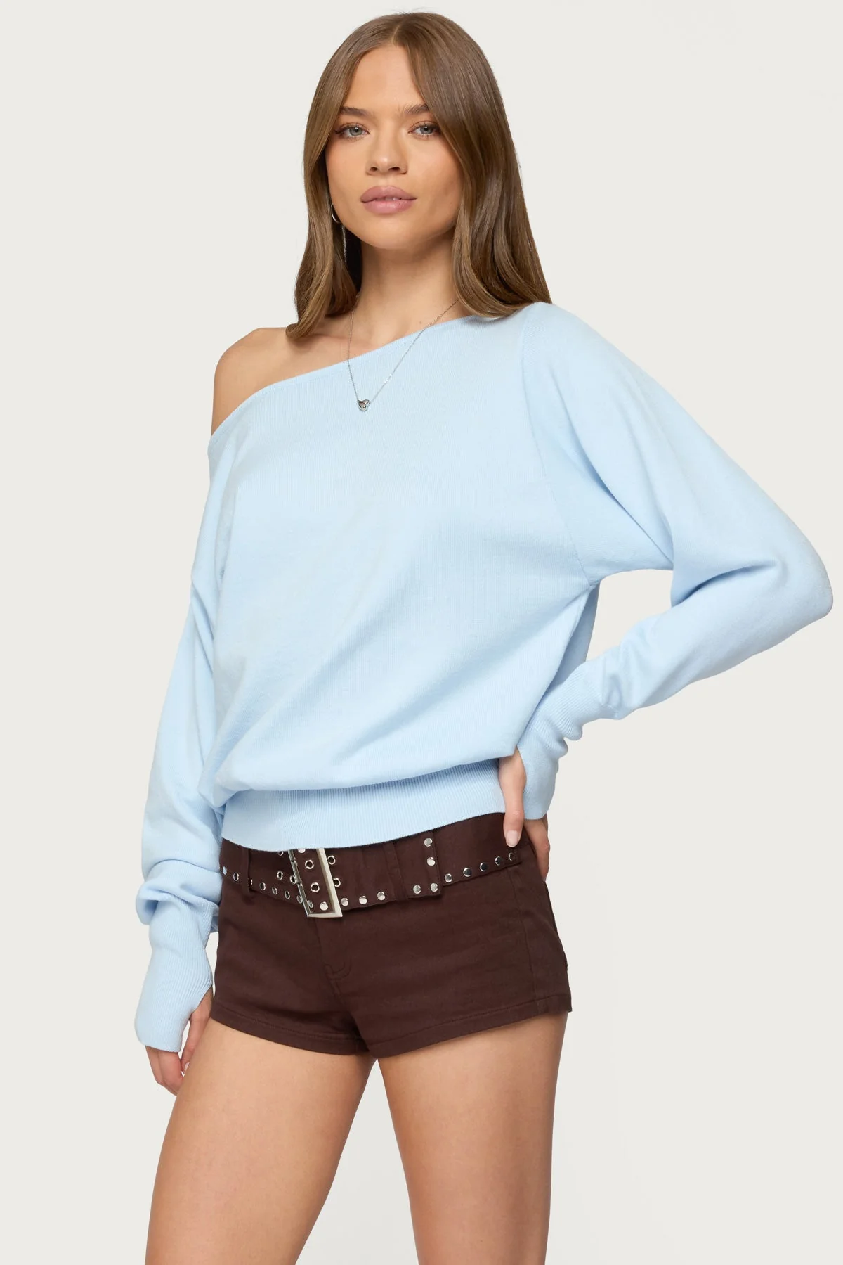 Light Blue Knitted Off Shoulder Sweater