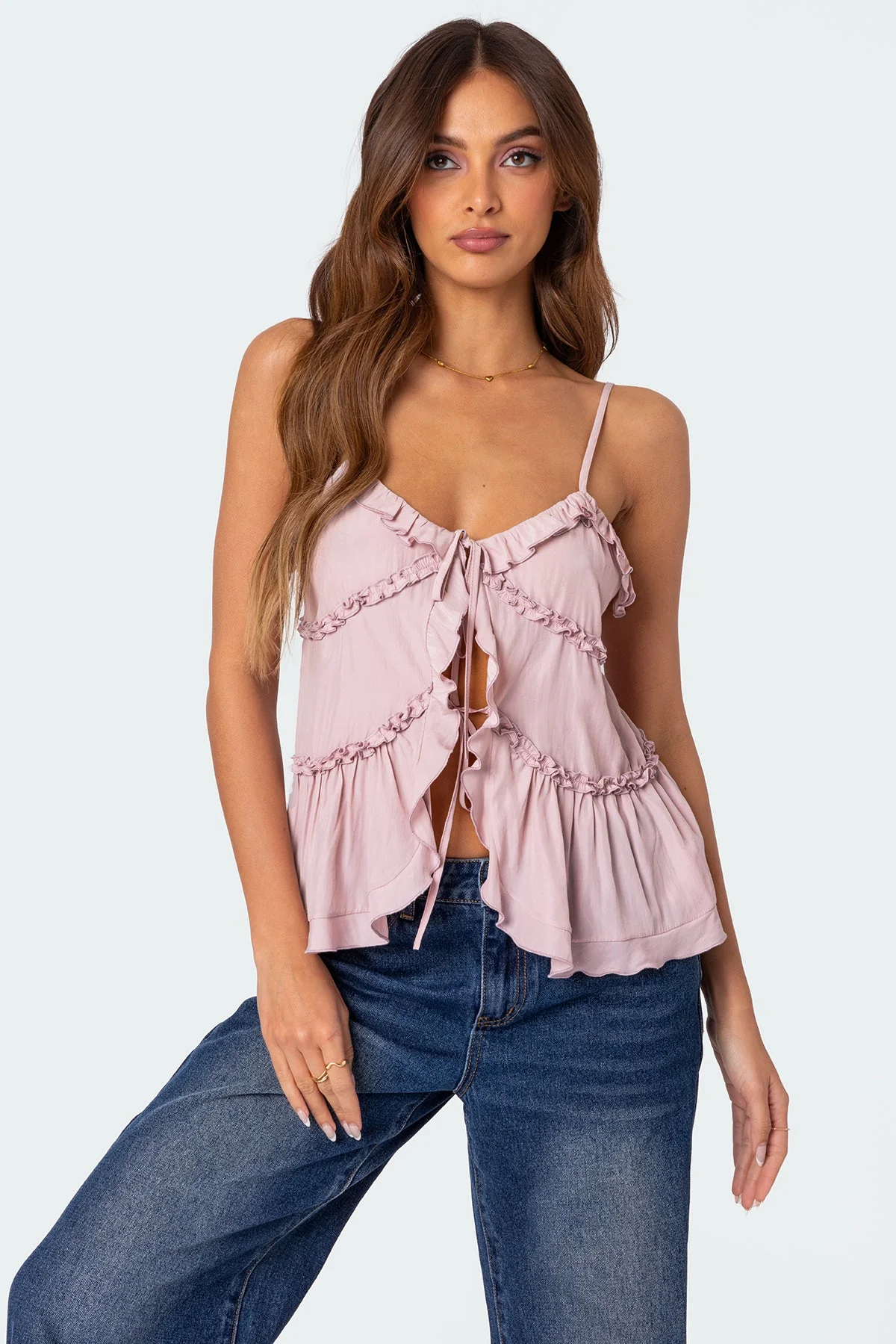 Pink Ruffled Tie Front Top - Stylish Womens Casual Wear