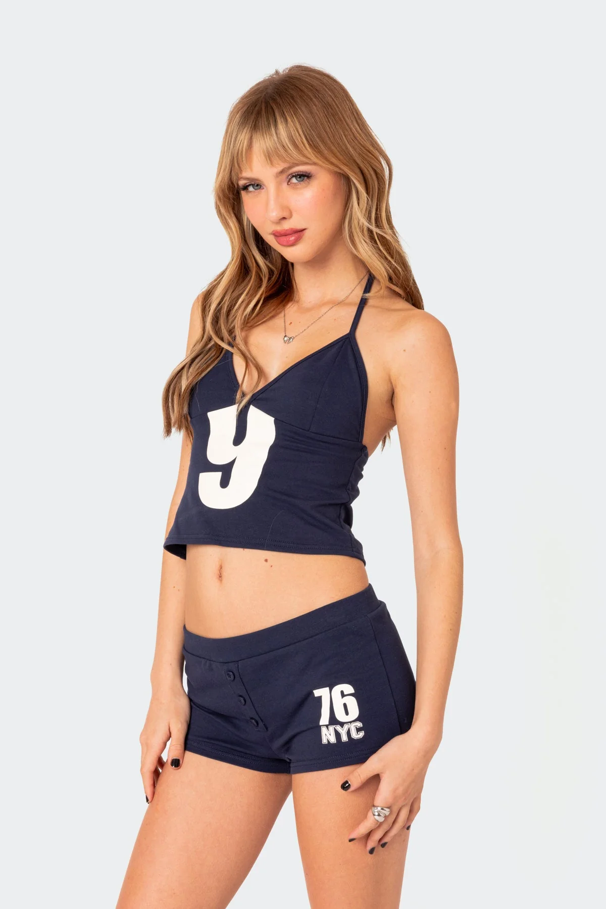 Navy Graphic Halter Top Set - Cotton Spandex Blend