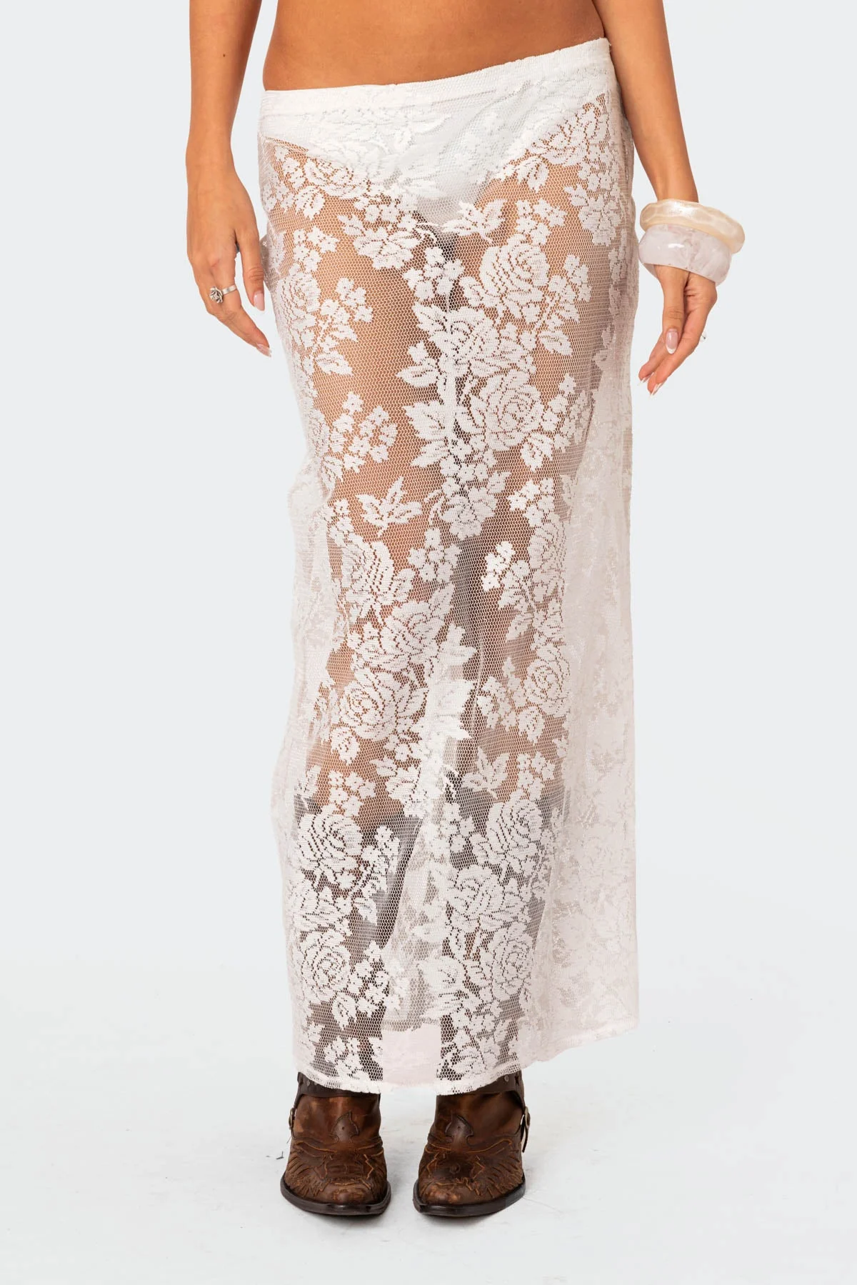 White Sheer Lace Maxi Skirt Set