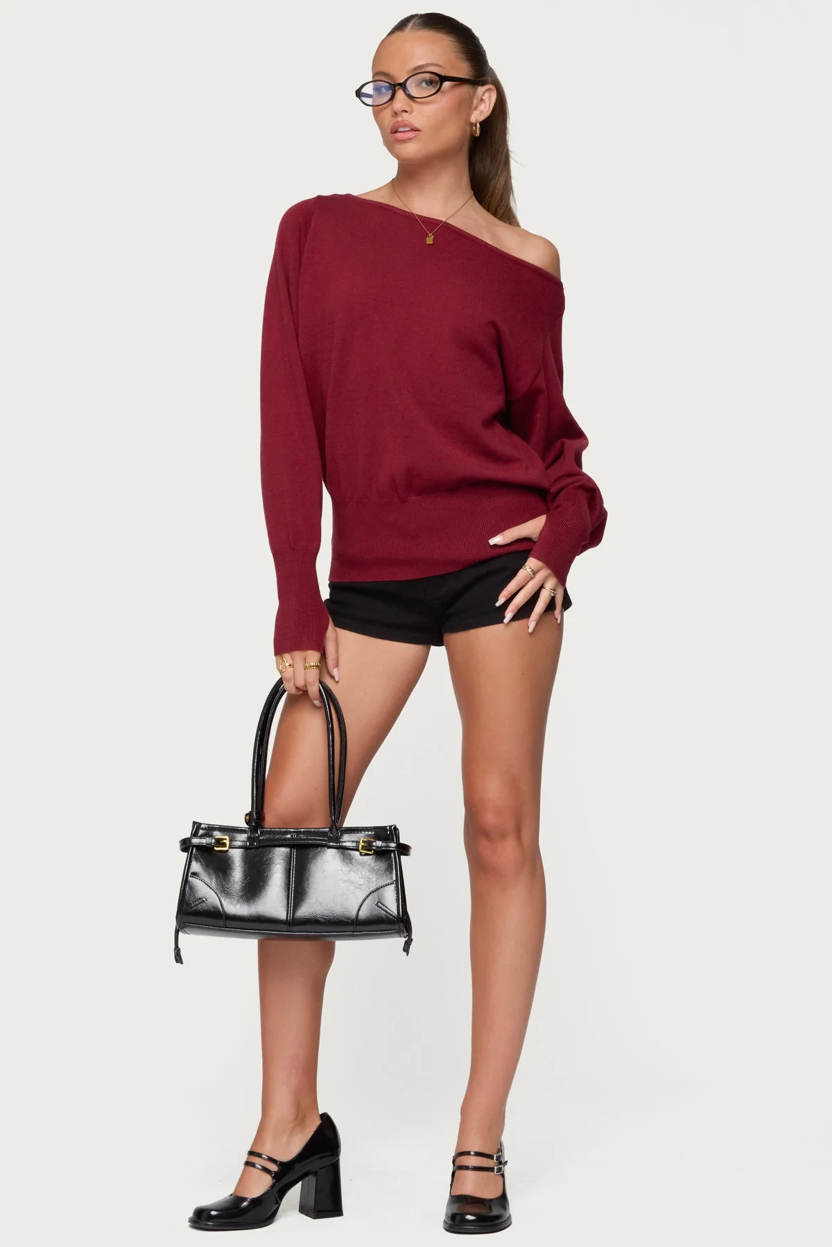 Burgundy Off Shoulder Knitted Sweater