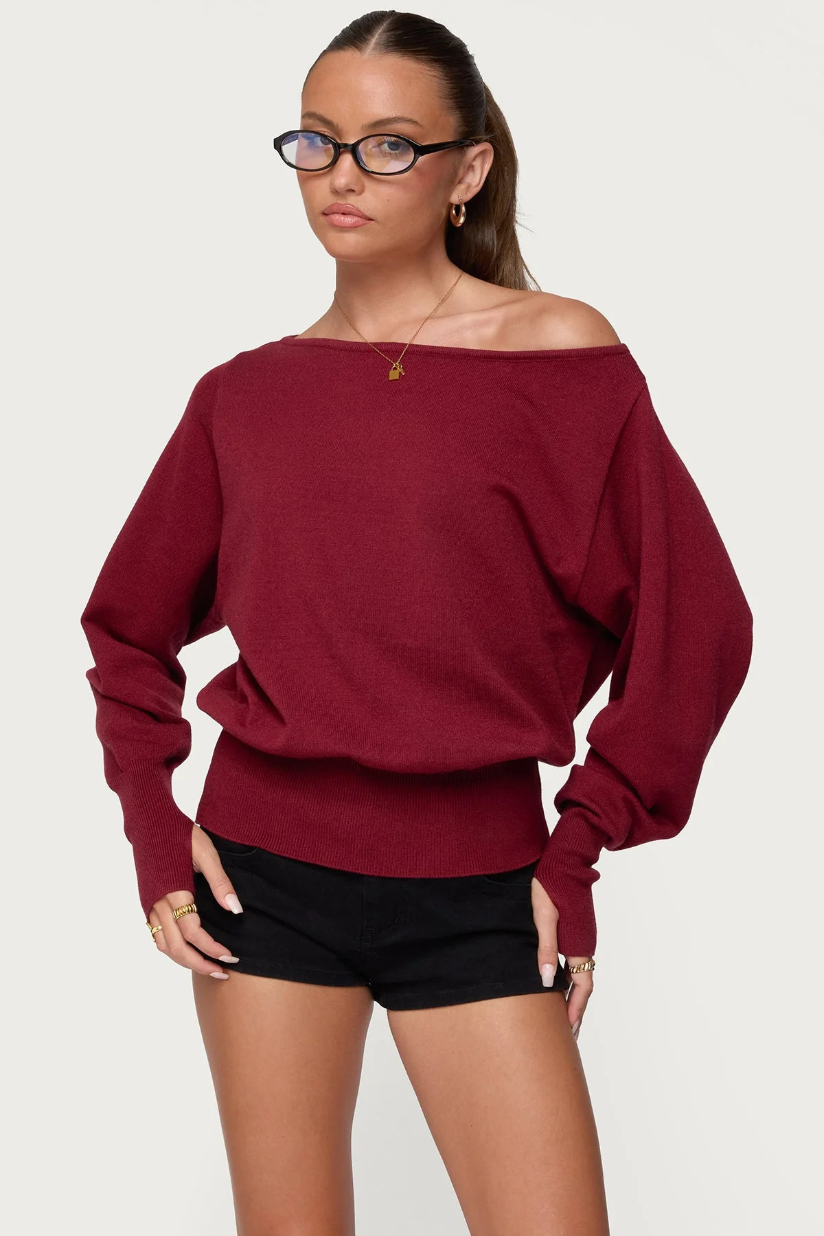 Burgundy Off Shoulder Knitted Sweater
