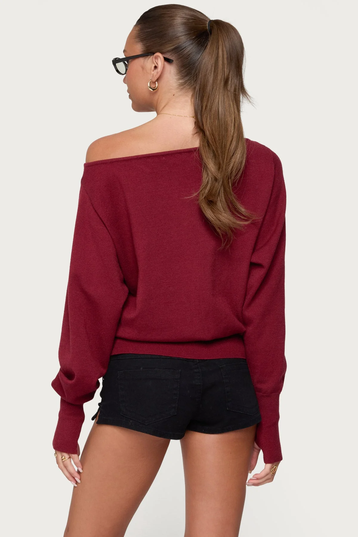 Burgundy Off Shoulder Knitted Sweater