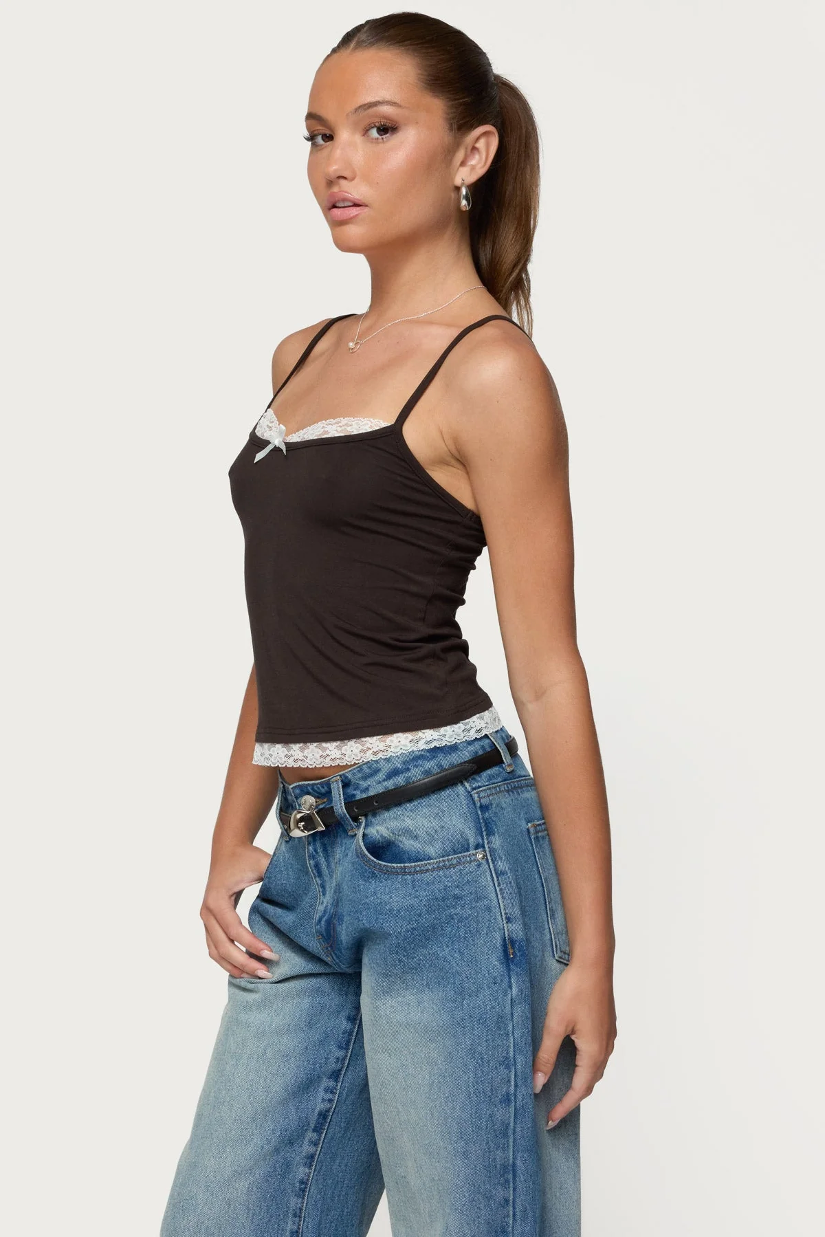 Brown Adjustable Strap Lace Trim Tank Top