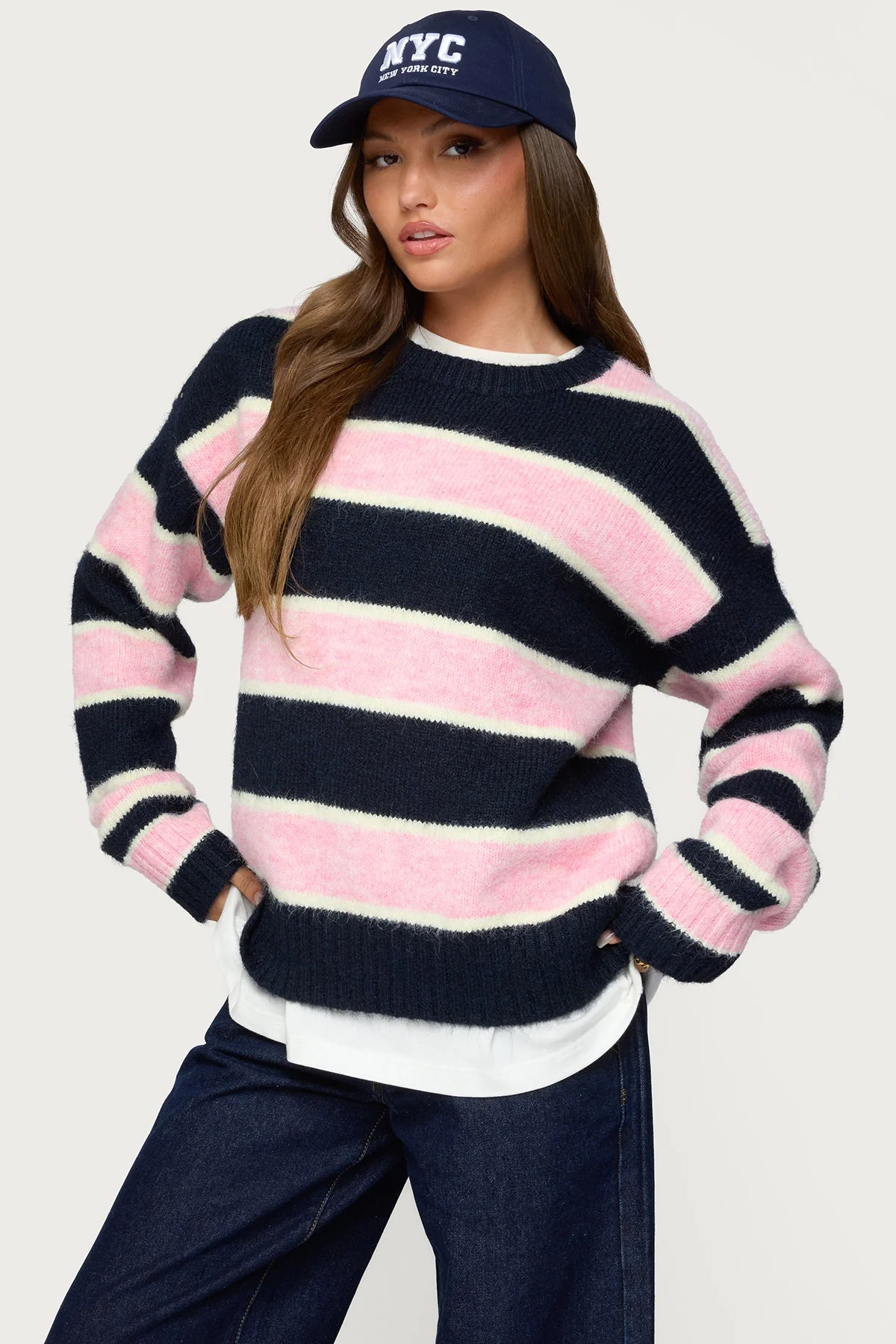 Striped Knit Sweater in Navy and Pink - Oversized Fit