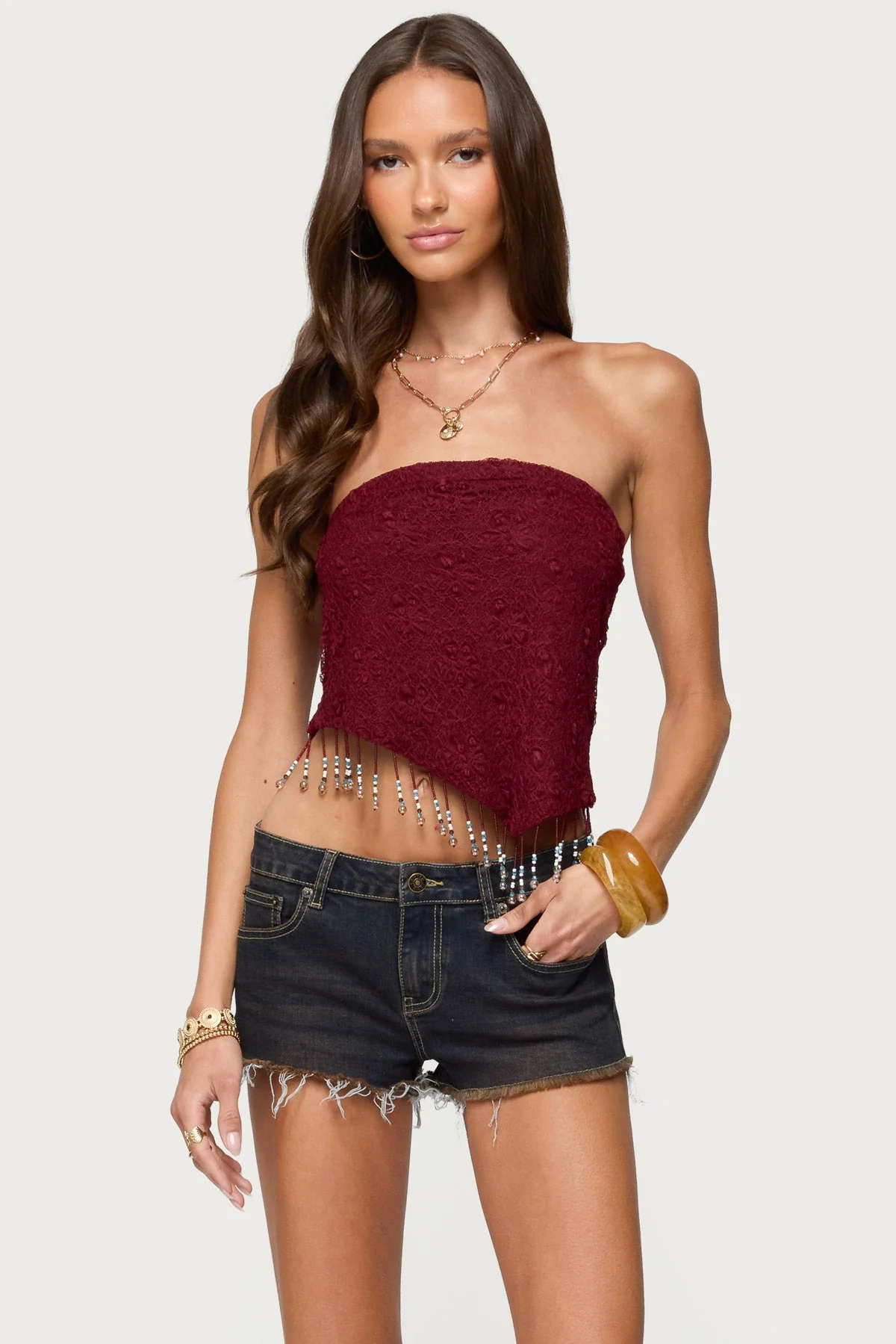 Burgundy Bead Fringe Strapless Top