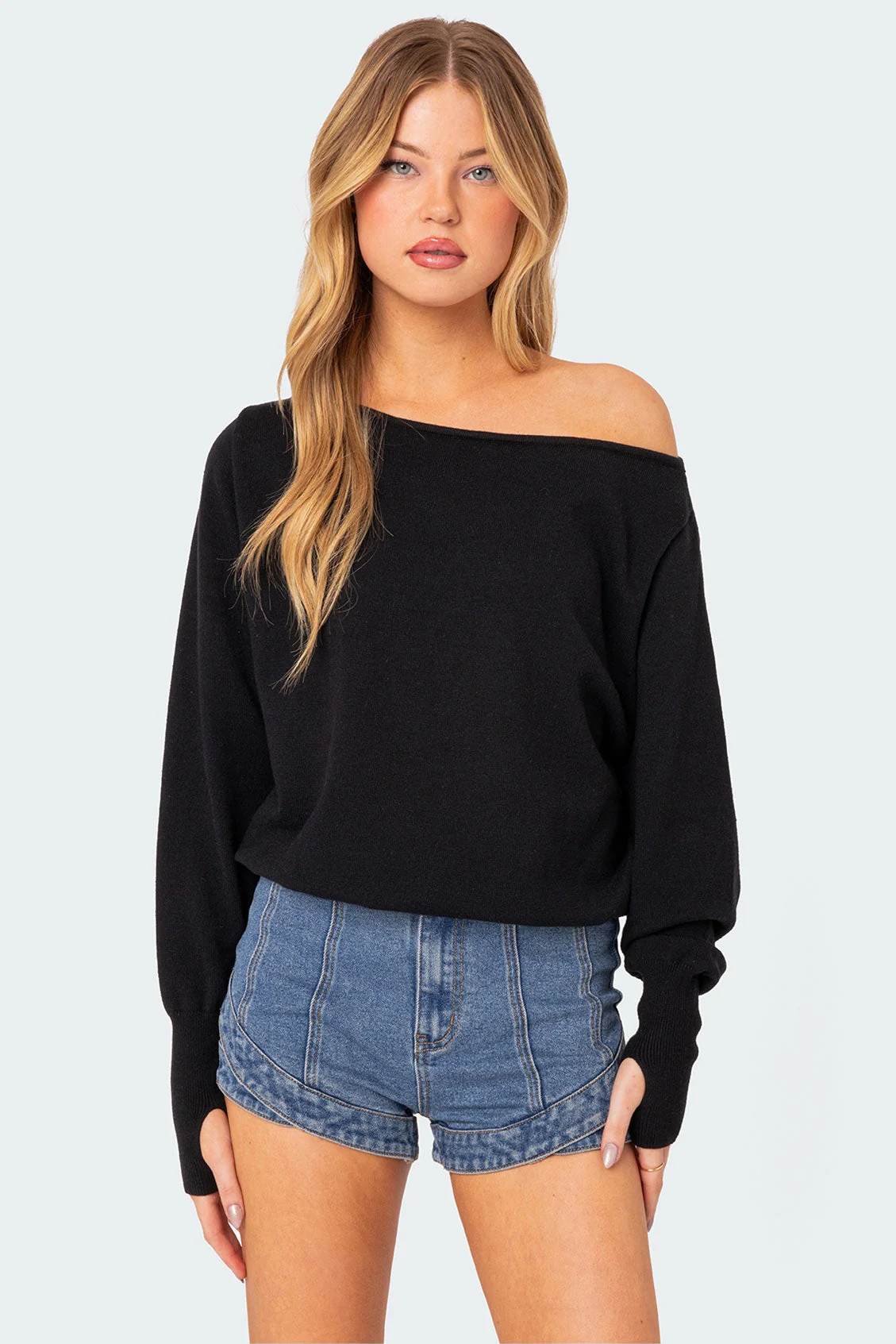 Black Oversized Off-Shoulder Sweater | Elastic Hem & Cuffs