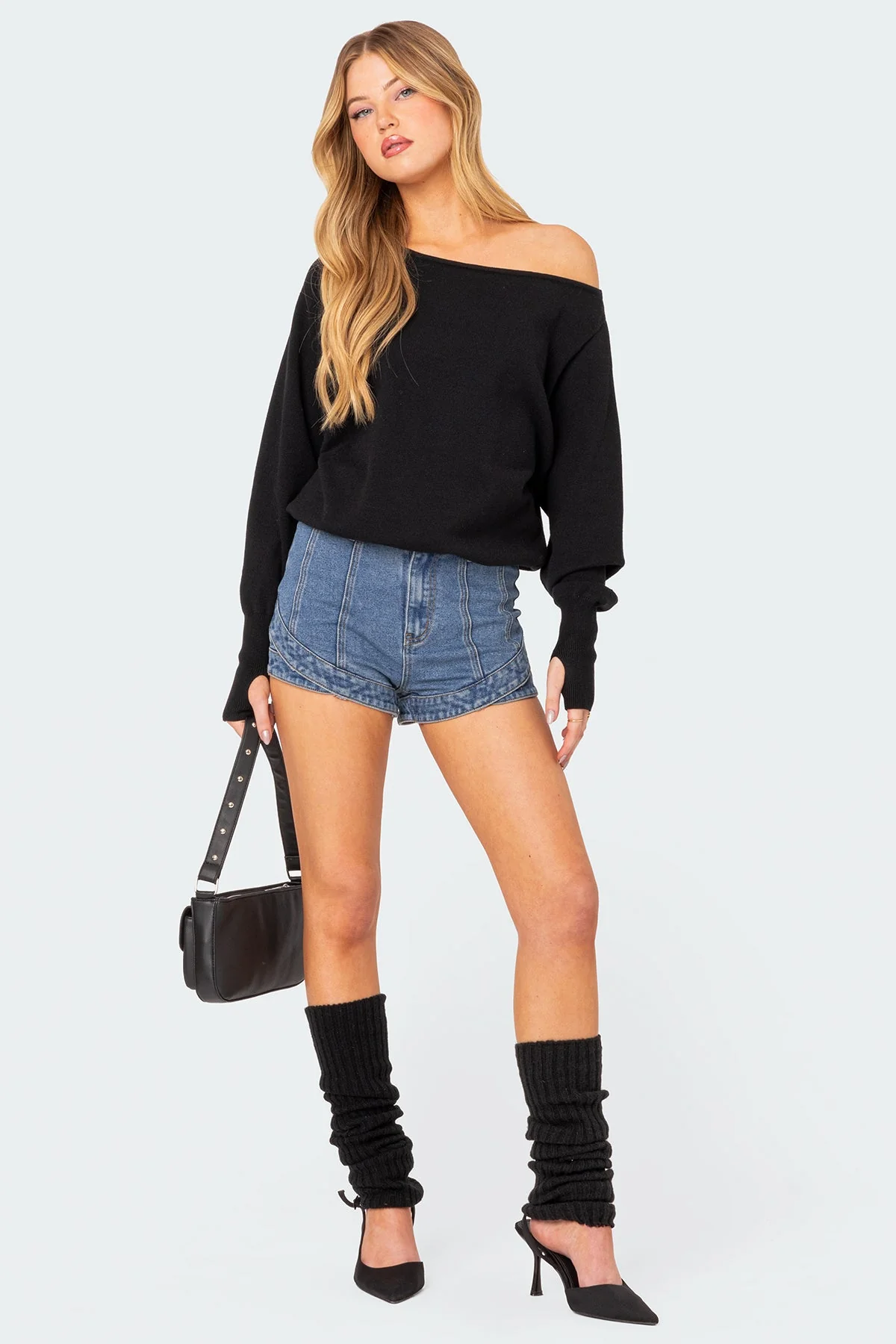 Black Oversized Off-Shoulder Sweater | Elastic Hem & Cuffs