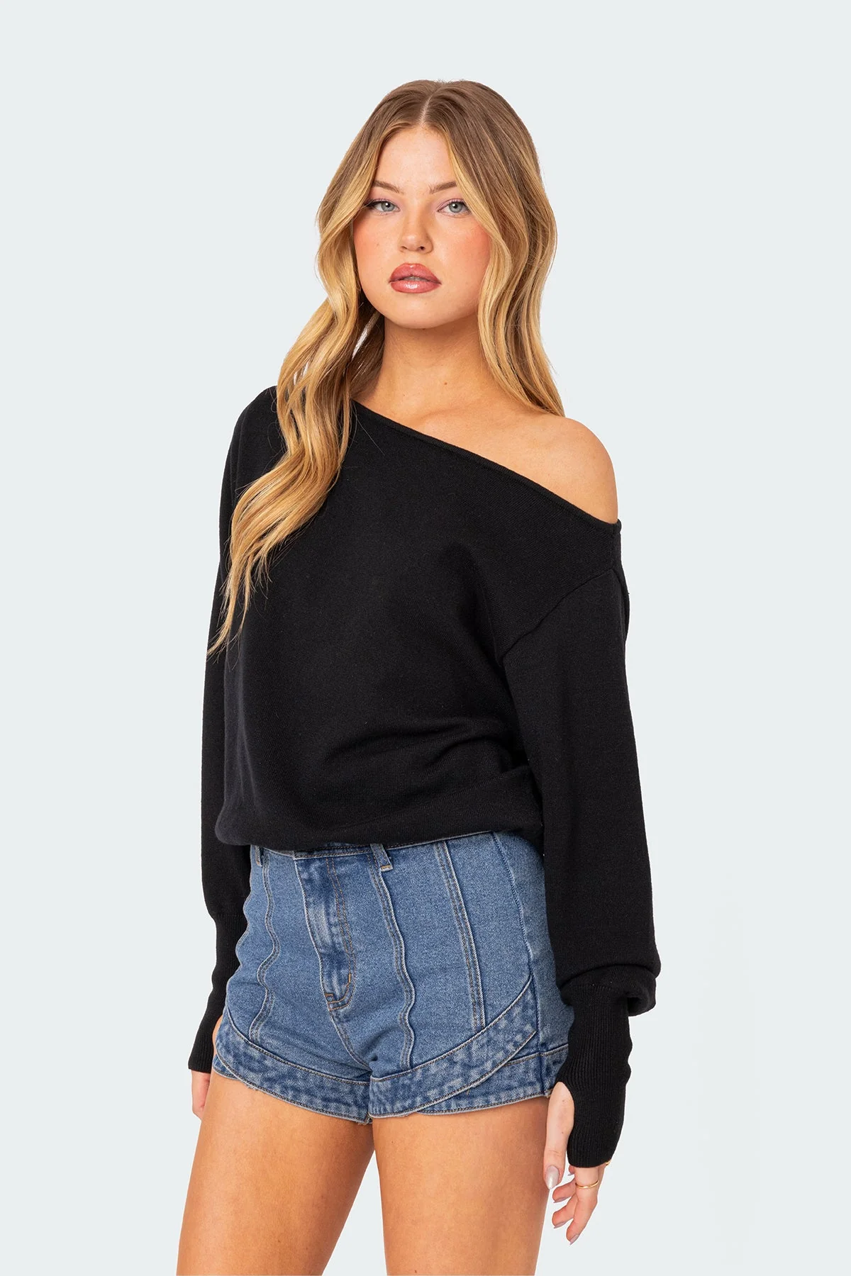 Black Oversized Off-Shoulder Sweater | Elastic Hem & Cuffs
