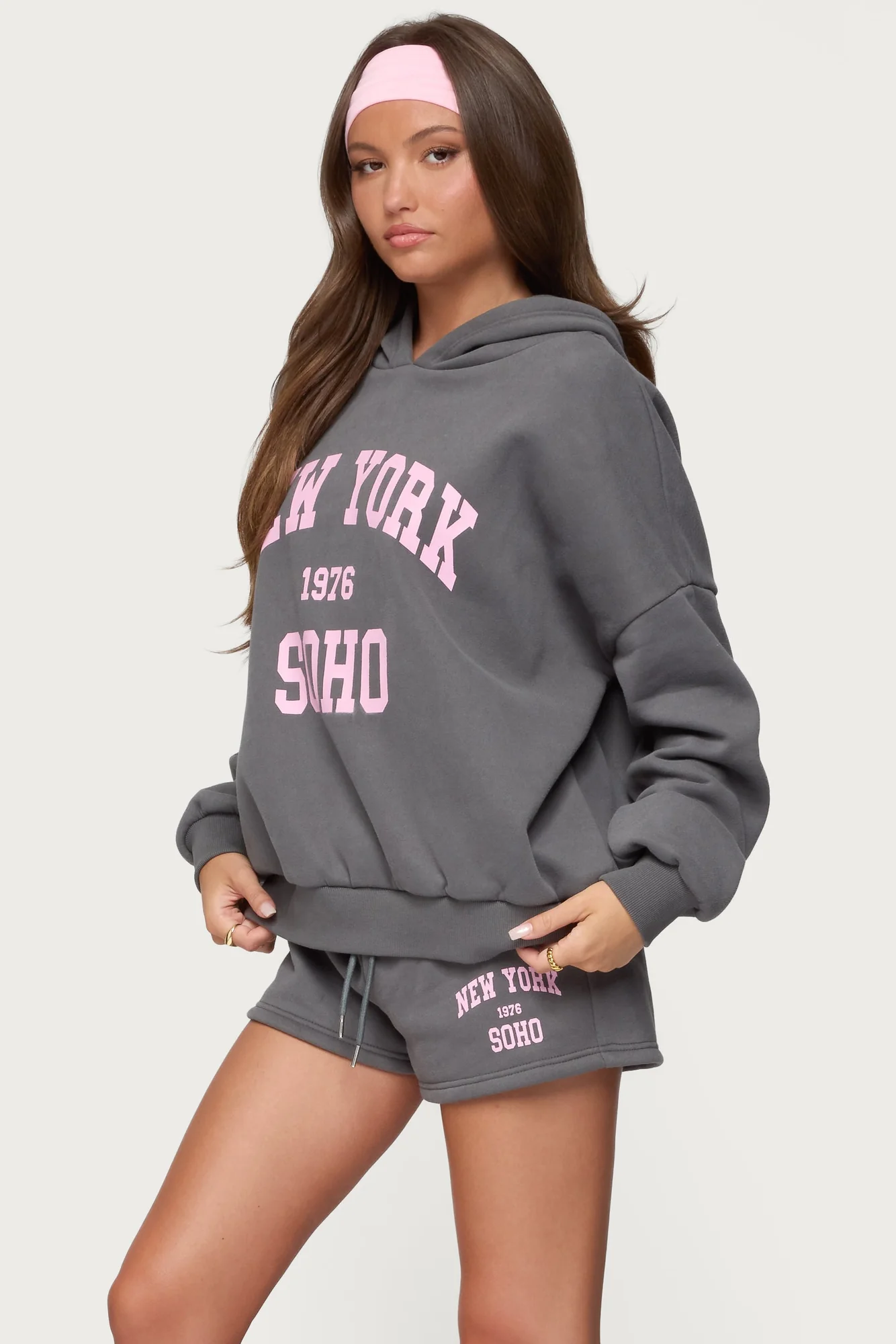 Gray Graphic Text Hoodie Set