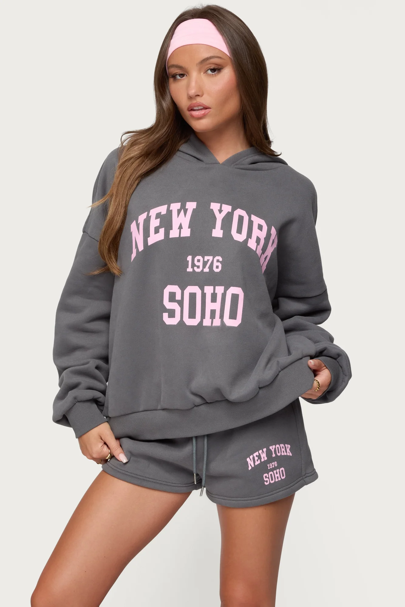 Gray Graphic Text Hoodie Set