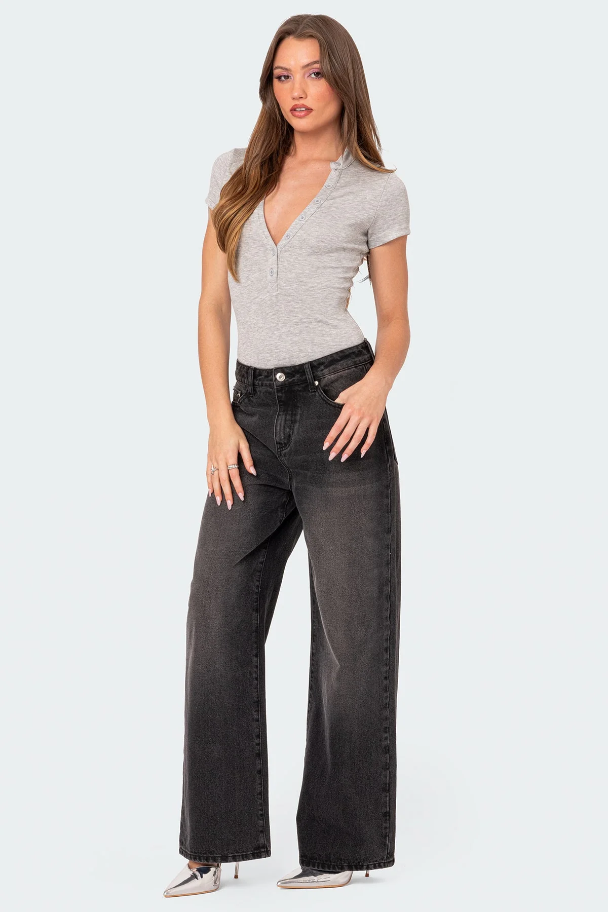 Cozy Gray Melange Button Up Bodysuit for Ultimate Relaxation