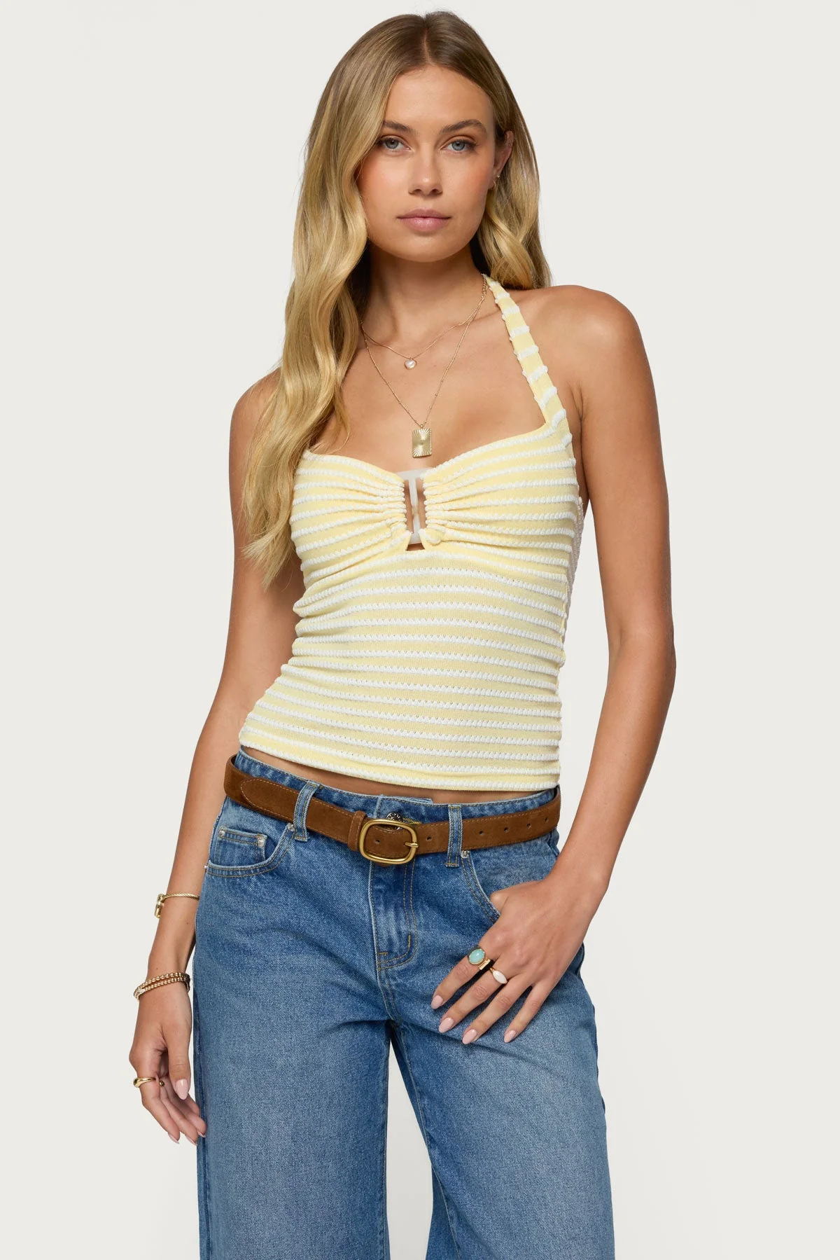 Textured Striped Halter Top in Yellow | Trendy Sleeveless Tank