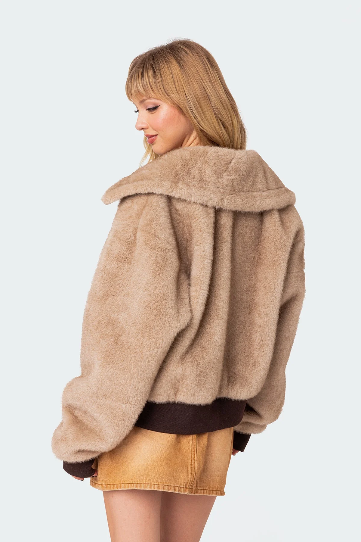 Beige Faux Fur Jacket with Front Zip Closure