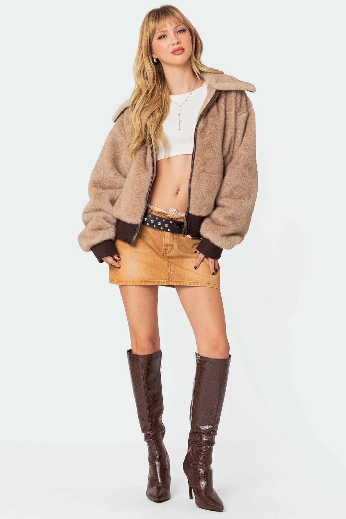Beige Faux Fur Jacket with Front Zip Closure