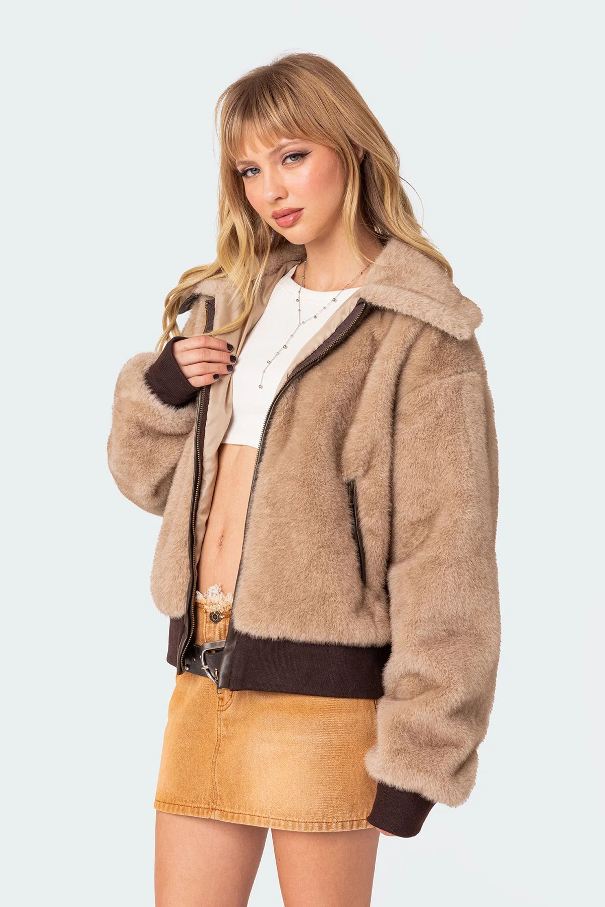 Beige Faux Fur Jacket with Front Zip Closure