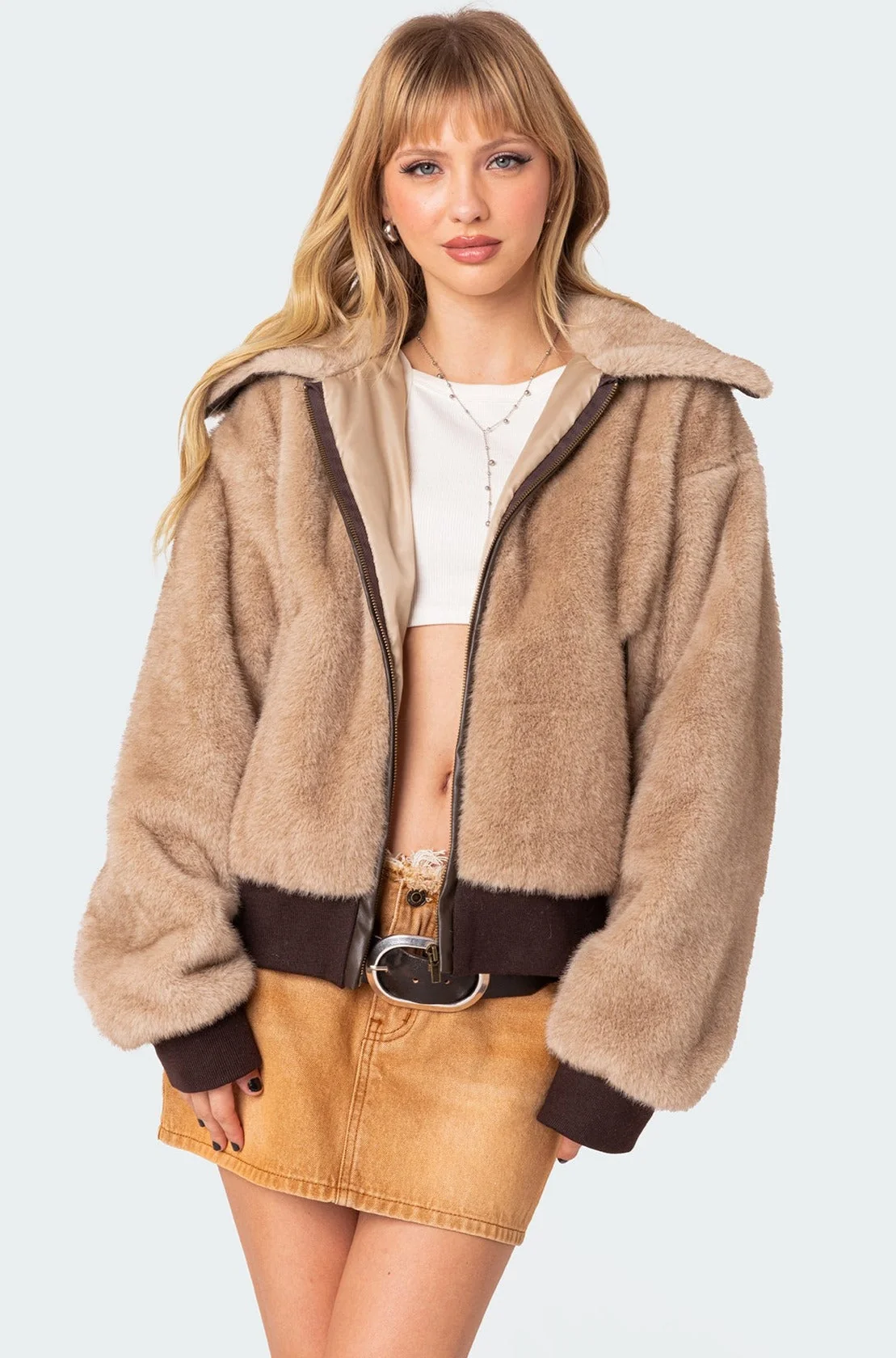 Beige Faux Fur Jacket with Front Zip Closure