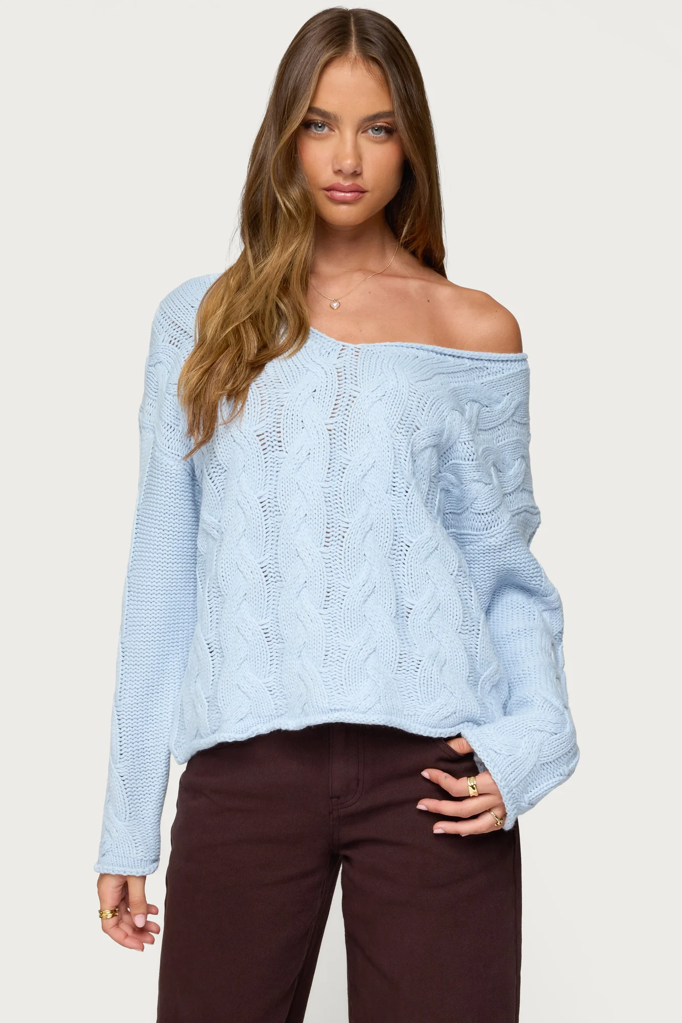 Womens Light Blue Cable Knit Oversized Sweater